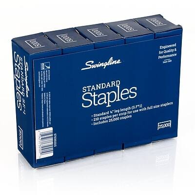 Swingline  
STANDARD Staples  
Engineered for Quality & Performance  
Standard 1/4" leg length (S.F.I.) for use with full size staplers  
- 210 staples per strip  
- Includes 25,000 staples  
25,000