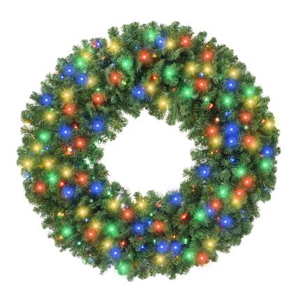 Front. Casafield - Green Fir Artificial Holiday Christmas Wreath Holiday Décor - Green Multicolor Lights.
