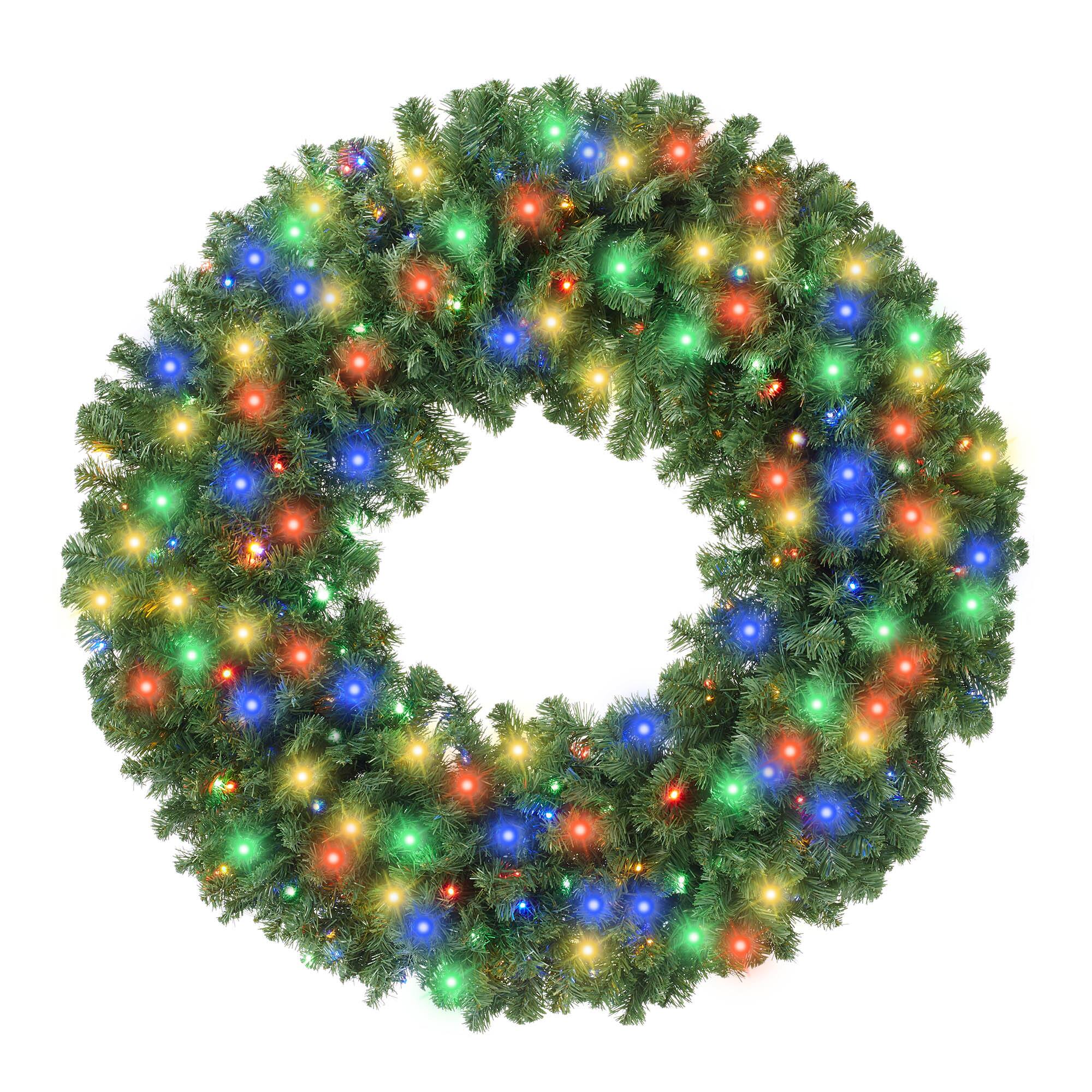 Front. Casafield - Green Fir Artificial Holiday Christmas Wreath Holiday Décor - Green Multicolor Lights.