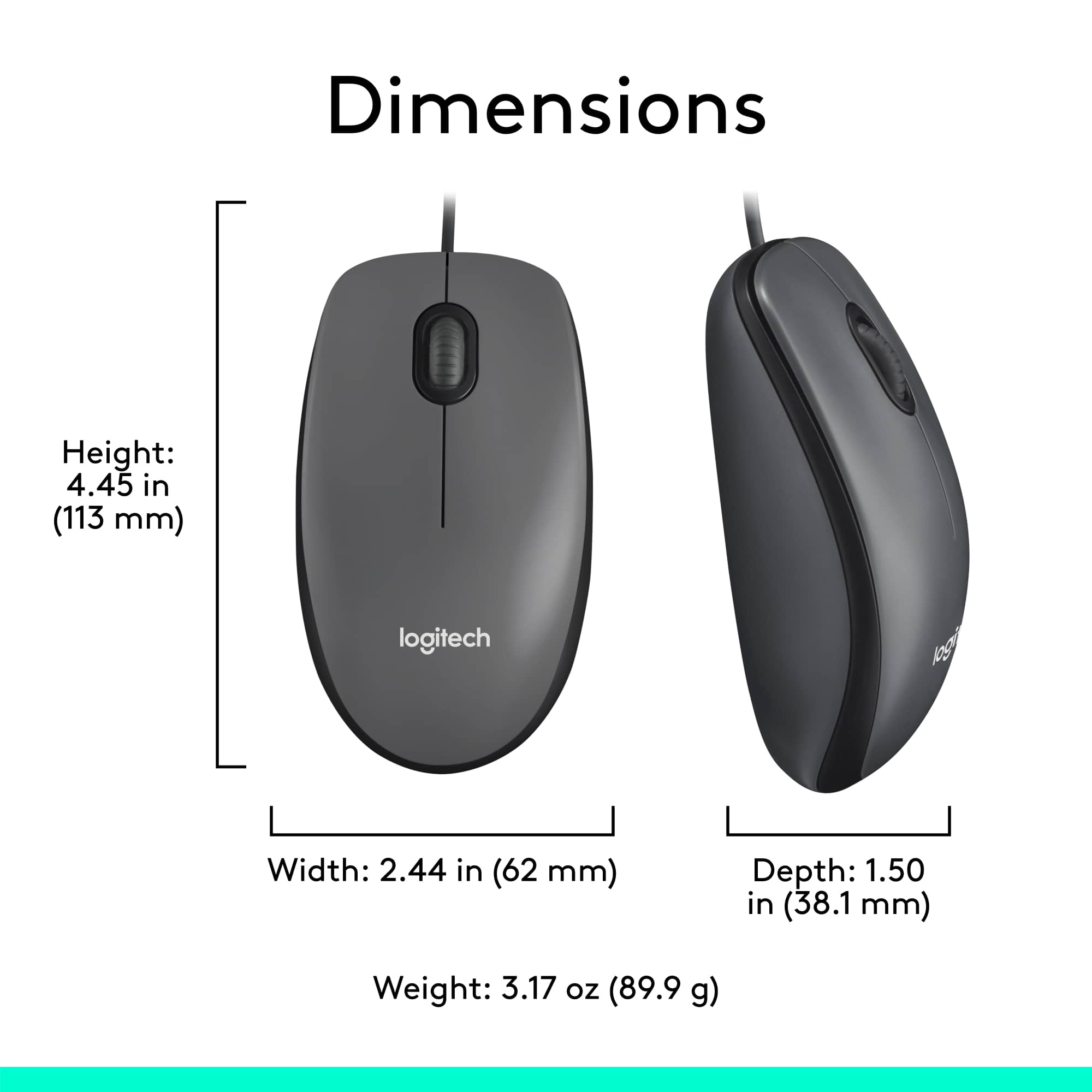 Dimensions:
Height: 4.45 in (113 mm)
Width: 2.44 in (62 mm)
Depth: 1.50 in (38.1 mm)
Weight: 3.17 oz (89.9 g)