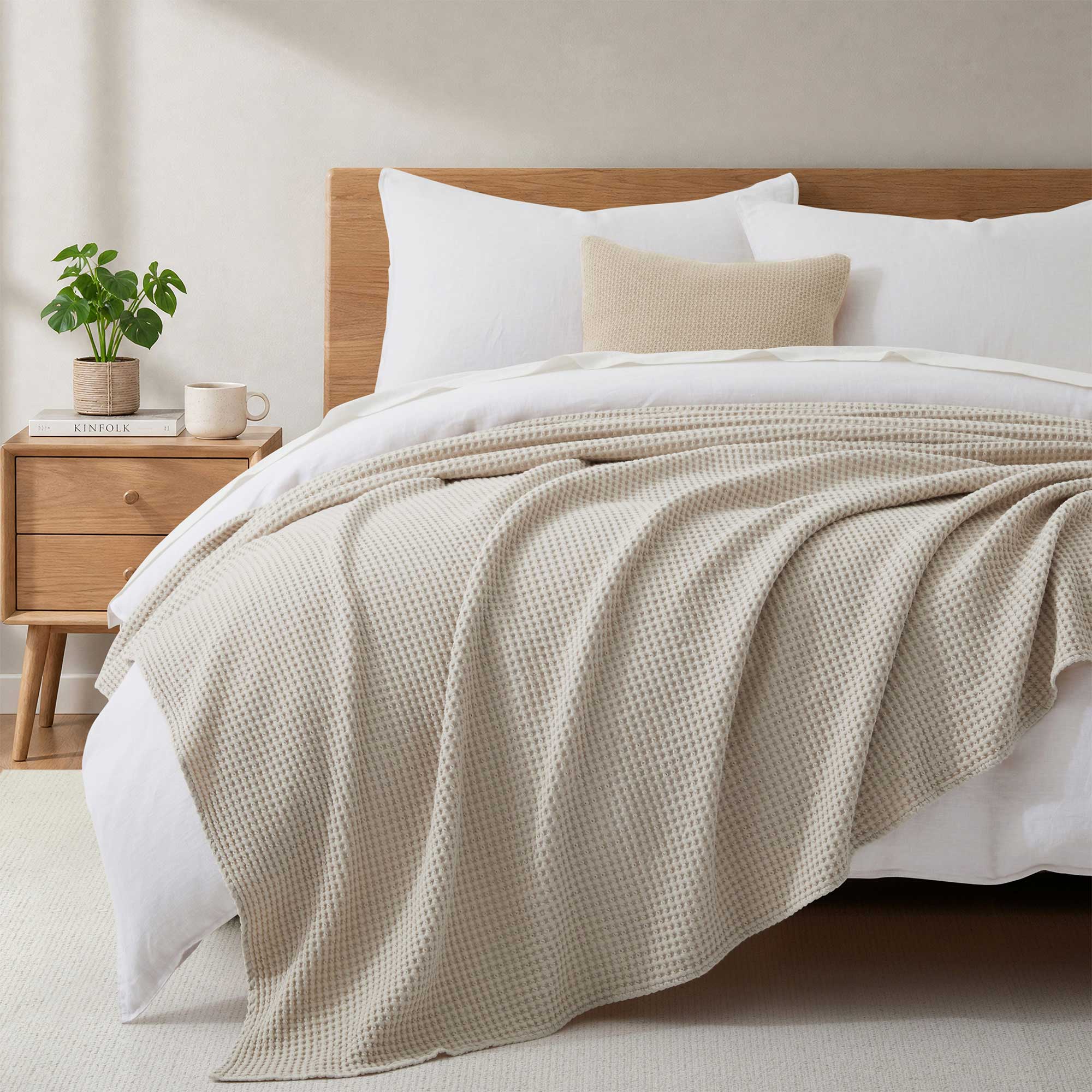 Front. Peace Nest - Peace Nest 100% Egyptian Cotton Waffle Textured Throw Blanket, Cream, King - Cream.