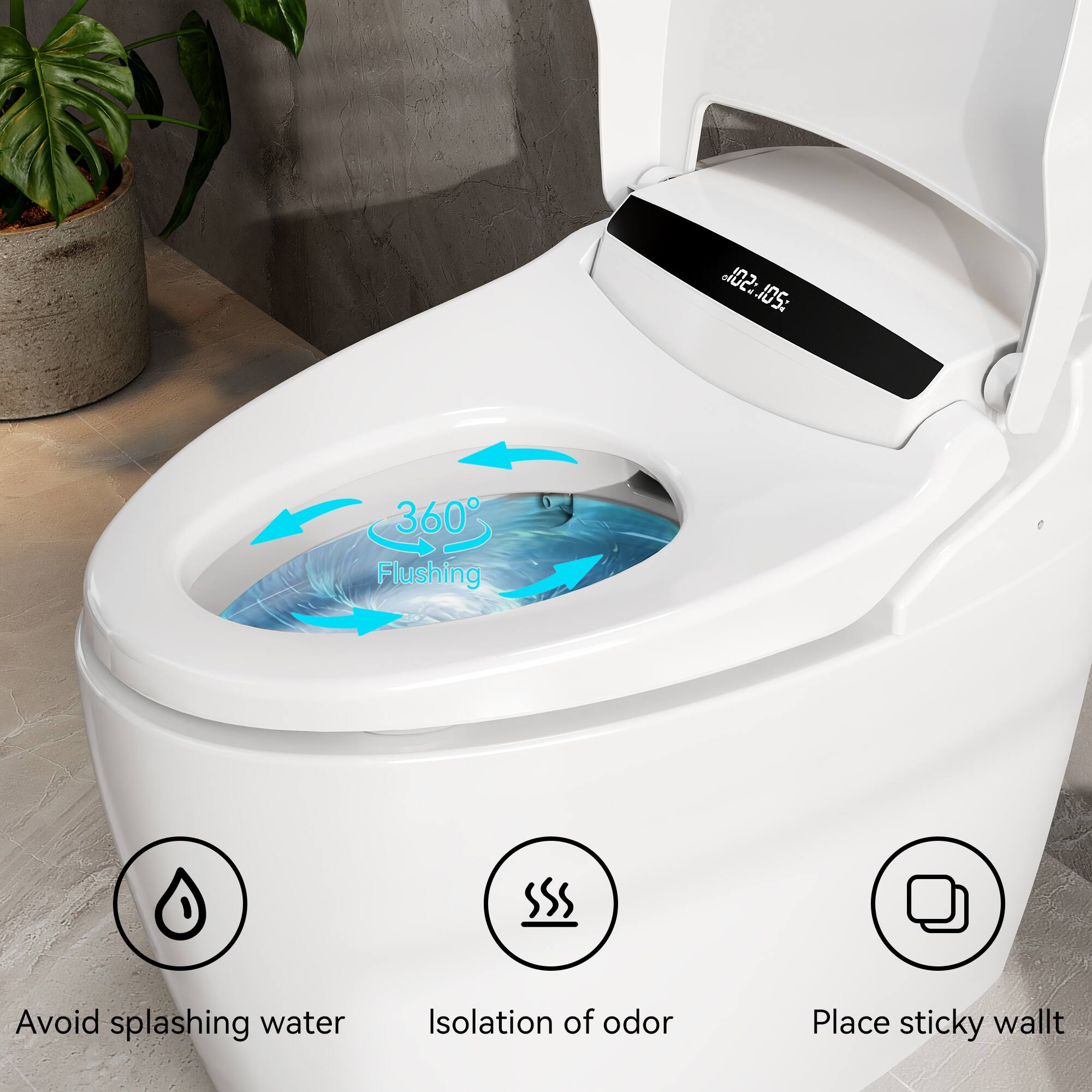 - 50%
- 20L
- 360° Flushing
- Avoid splashing water
- Isolation of odor
- Place sticky wallt