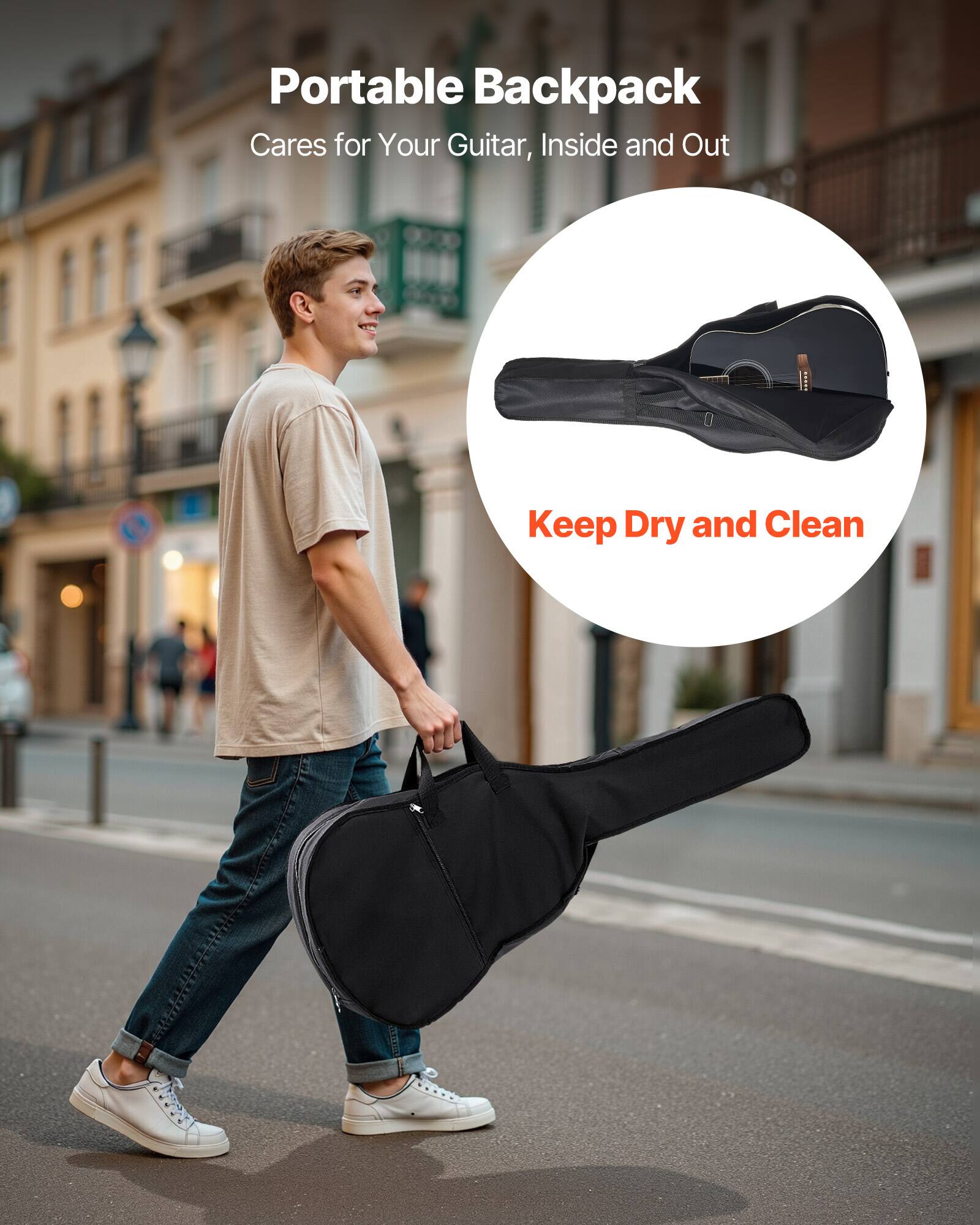 Portable Backpack  
Cares for Your Guitar, Inside and Out  

Keep Dry and Clean