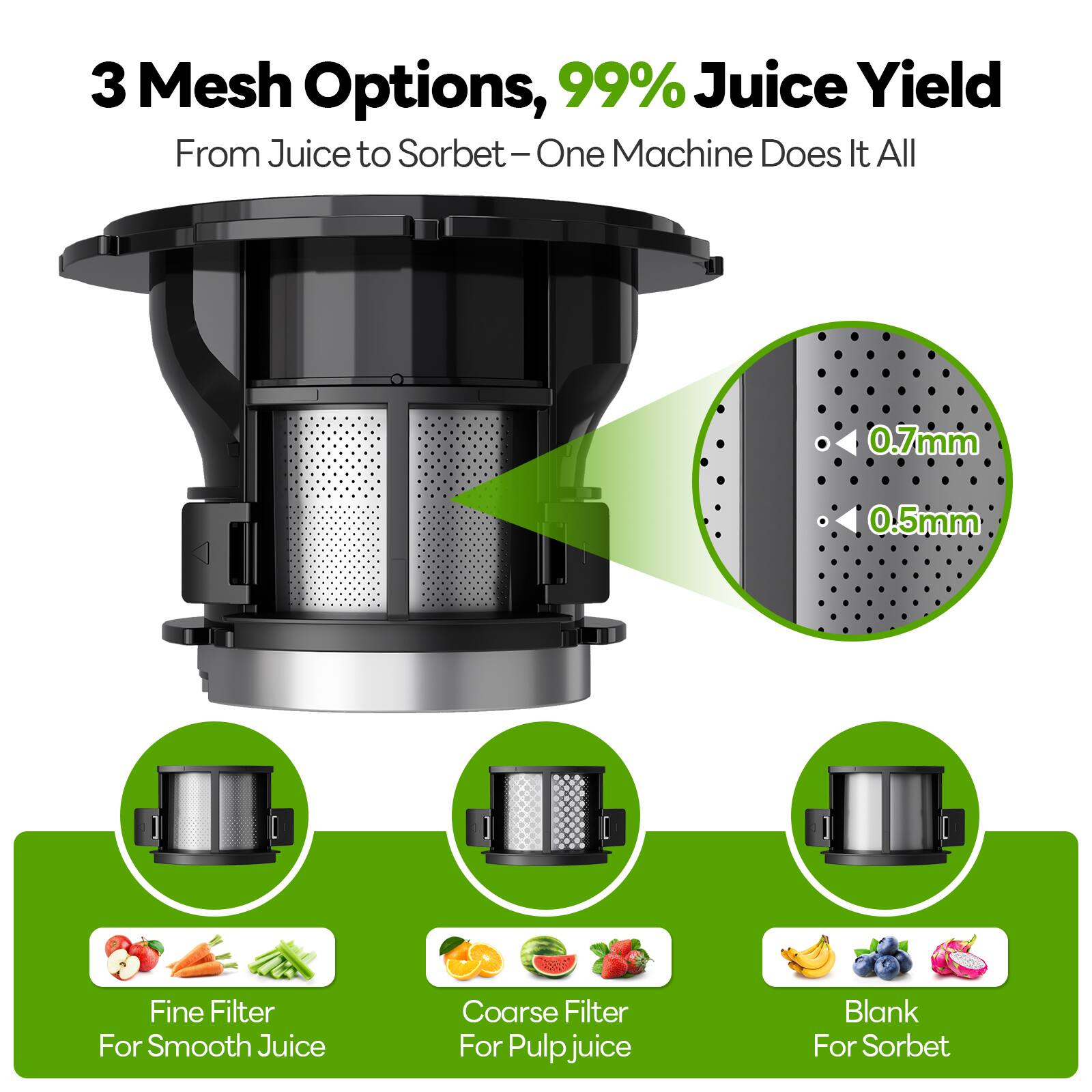 3 Mesh Options, 99% Juice Yield  
From Juice to Sorbet – One Machine Does It All  

0.7mm  
0.5mm  

Fine Filter For Smooth Juice  
Coarse Filter For Pulp Juice  
Blank For Sorbet