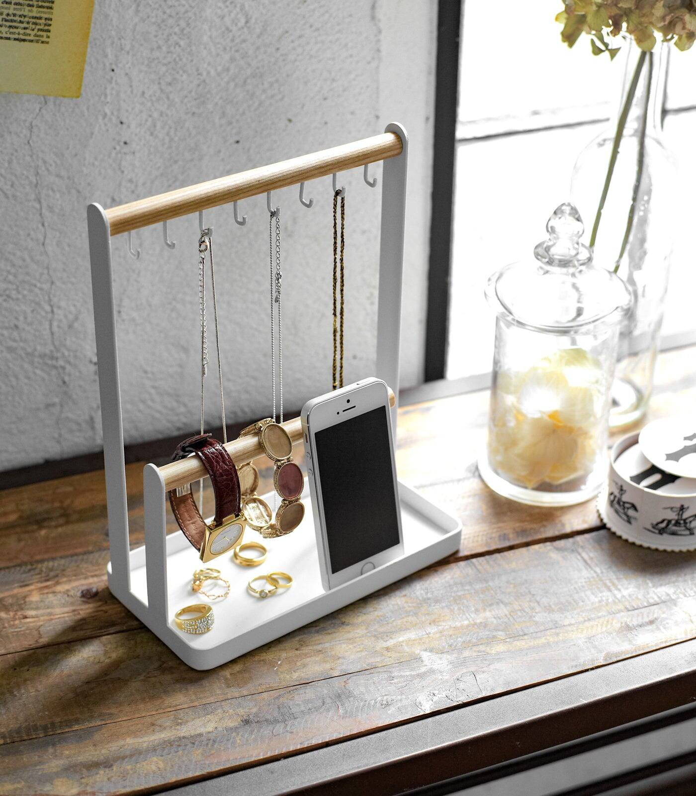 Left. Yamazaki Home - Jewelry + Accessory Display - Steel + Wood - White.