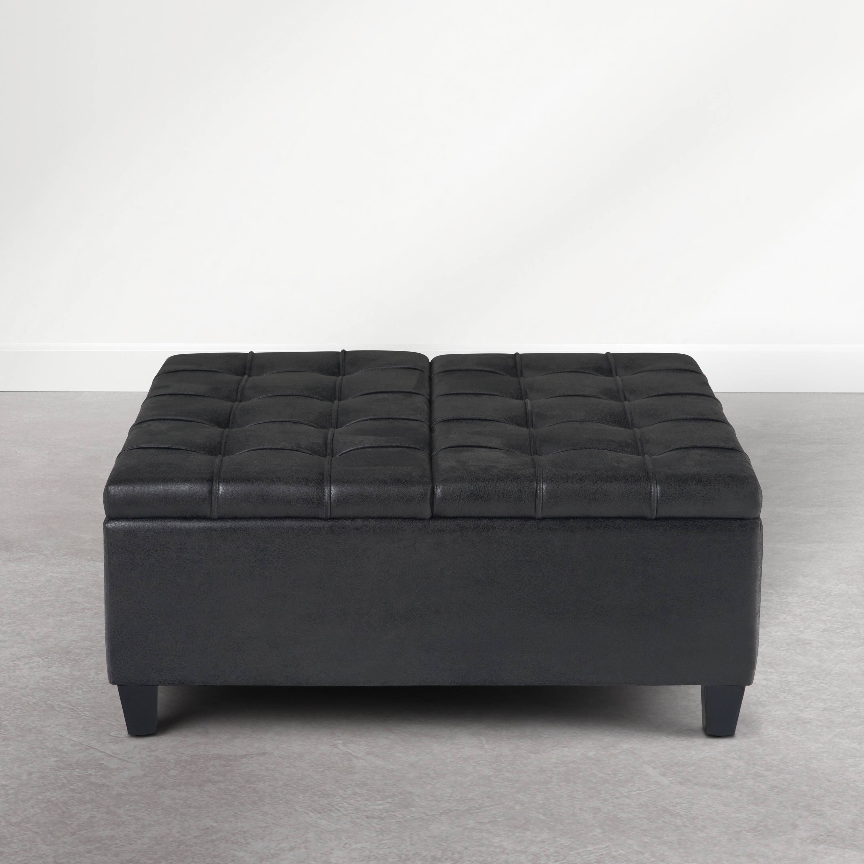 Back. Simpli Home - Harrison 36 inch Wide Upholstered Solid Wood Square Storage Ottoman, Distressed Graphite Black - Distressed Graphite Black.
