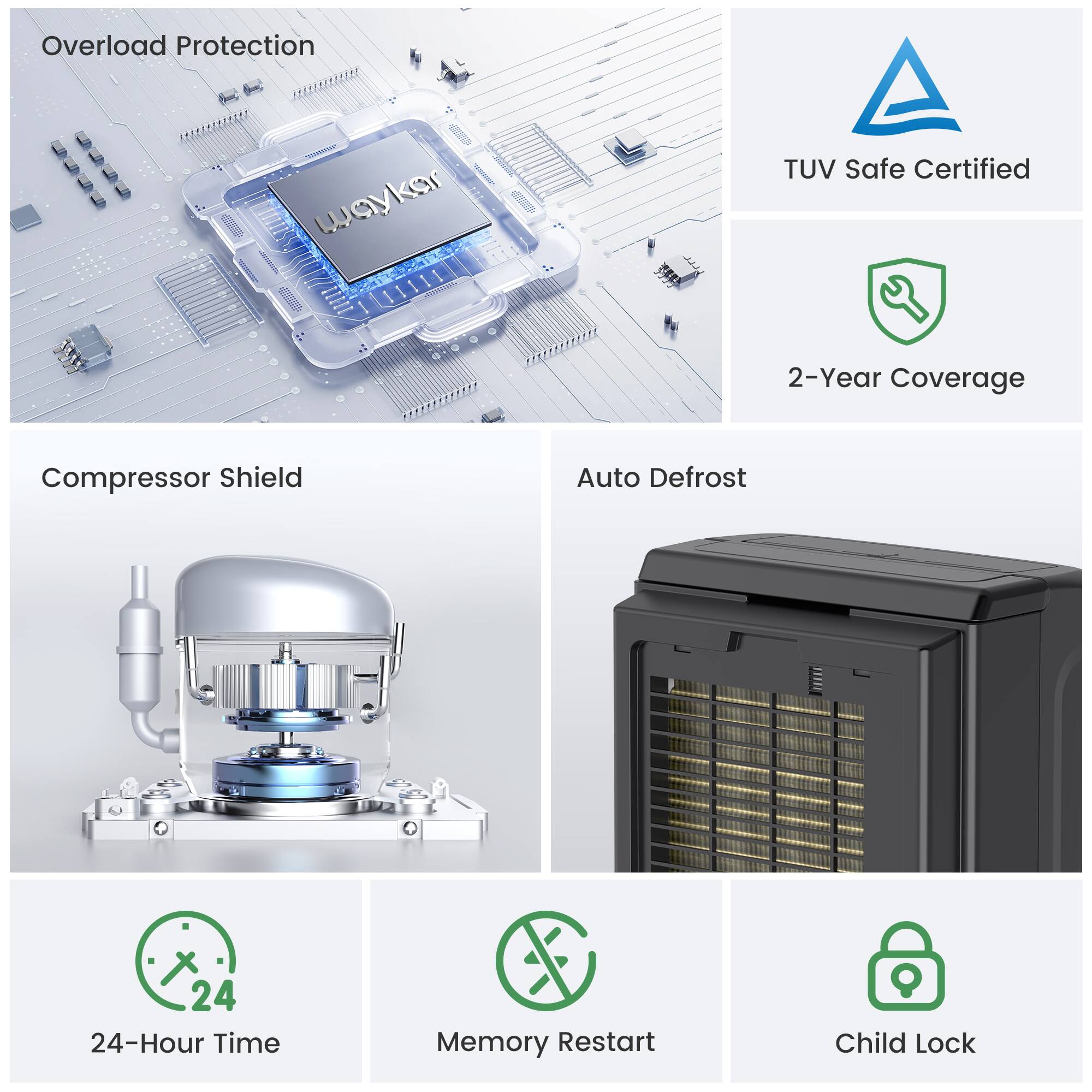 - Overload Protection
- TUV Safe Certified
- 2-Year Coverage
- Compressor Shield
- Auto Defrost
- 24-Hour Time
- Memory Restart
- Child Lock