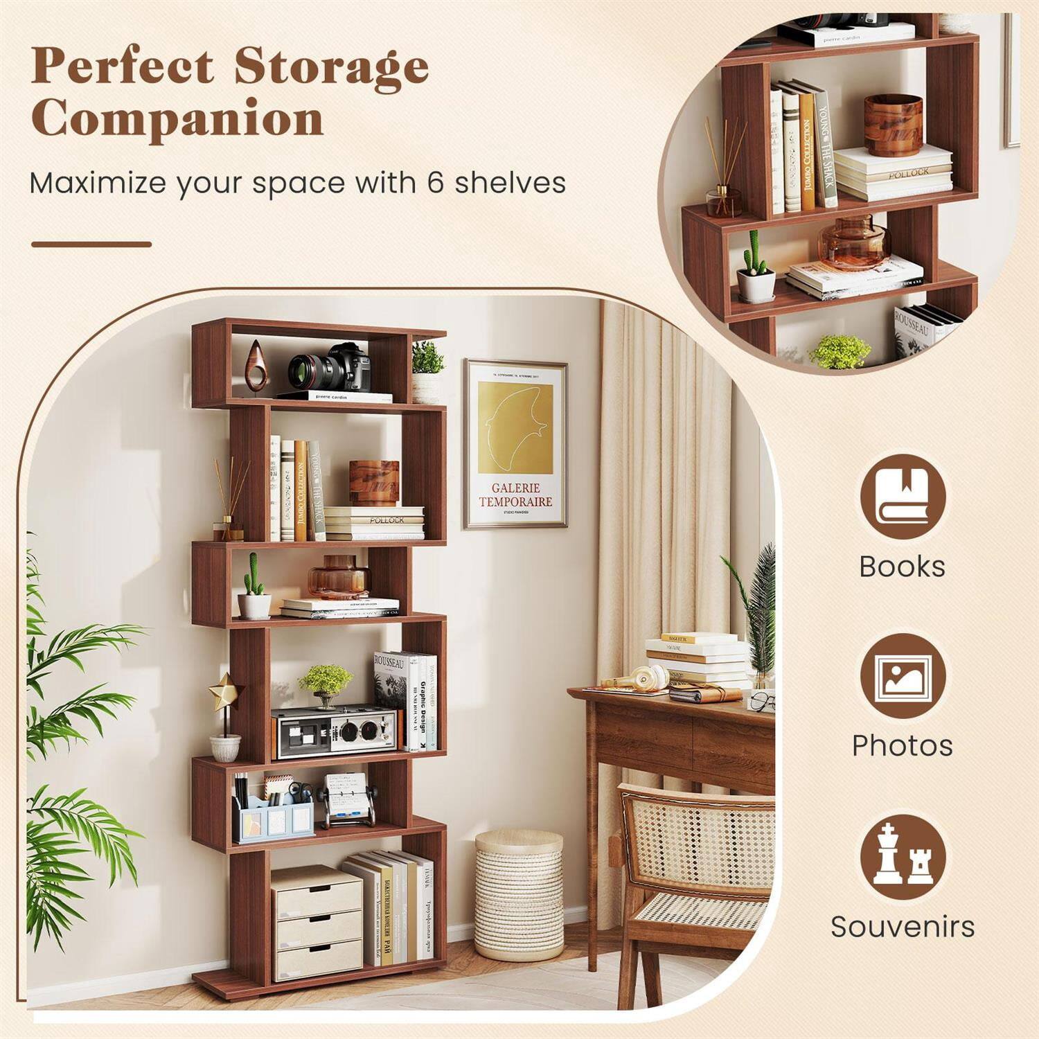 Perfect Storage Companion  
Maximize your space with 6 shelves  

Books  
Photos  
Souvenirs