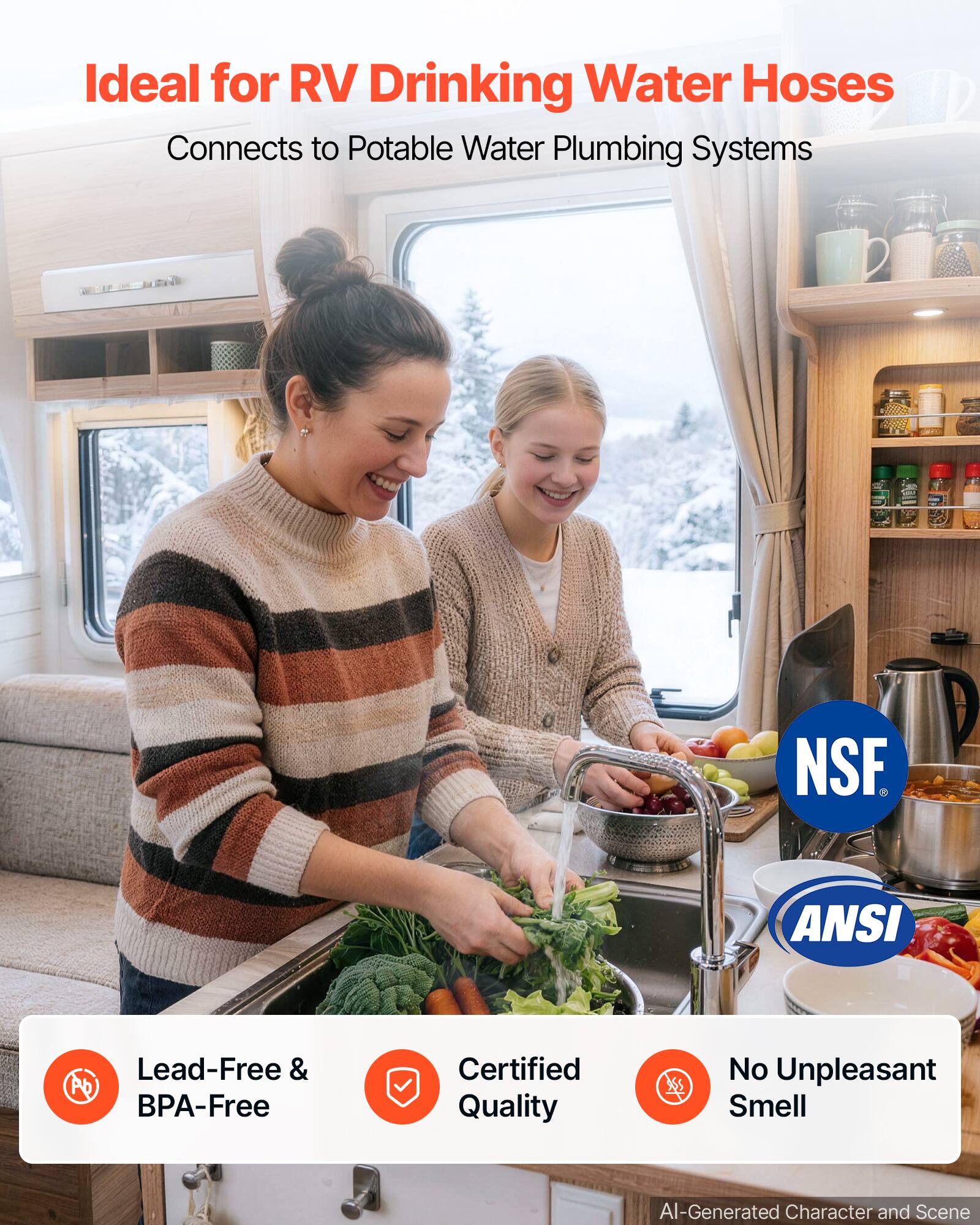 Ideal for RV Drinking Water Hoses  
Connects to Potable Water Plumbing Systems  

NSF  
ANSI  

Lead-Free & BPA-Free  
Certified Quality  
No Unpleasant Smell  

AI-Generated Character and Scene