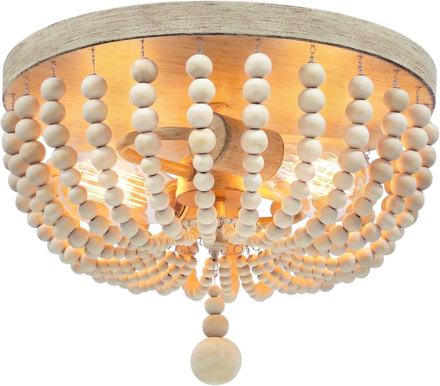 Nordic Hygge - Farmhouse Wood Beaded Chandelier, Bohemia Ceiling Lamp, Rustic 2-Light Pendant Light Fixture - Oak