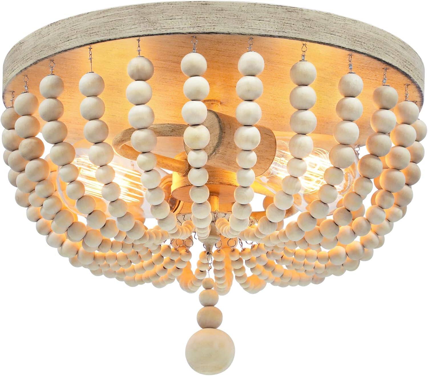 Nordic Hygge - Farmhouse Wood Beaded Chandelier, Bohemia Ceiling Lamp, Rustic 2-Light Pendant Light Fixture - Oak
