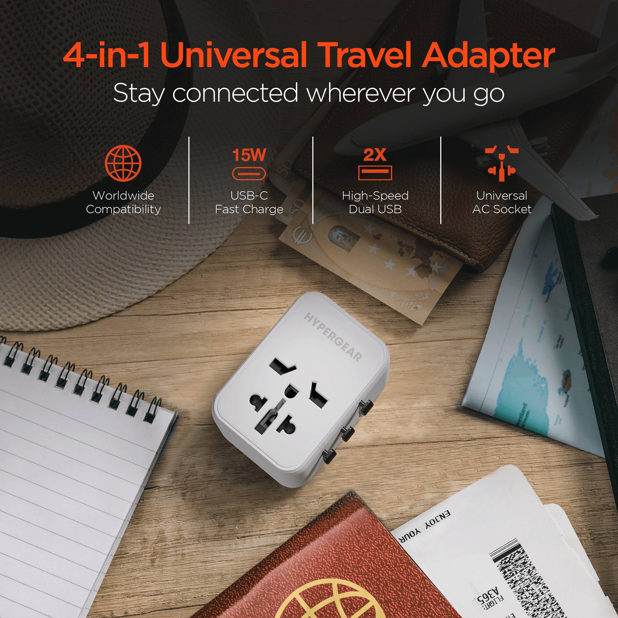 4-in-1 Universal Travel Adapter  
Stay connected wherever you go  

- Worldwide Compatibility  
- 15W USB-C Fast Charge  
- 2X High-Speed Dual USB  
- Universal AC Socket  

HYPERGEAR