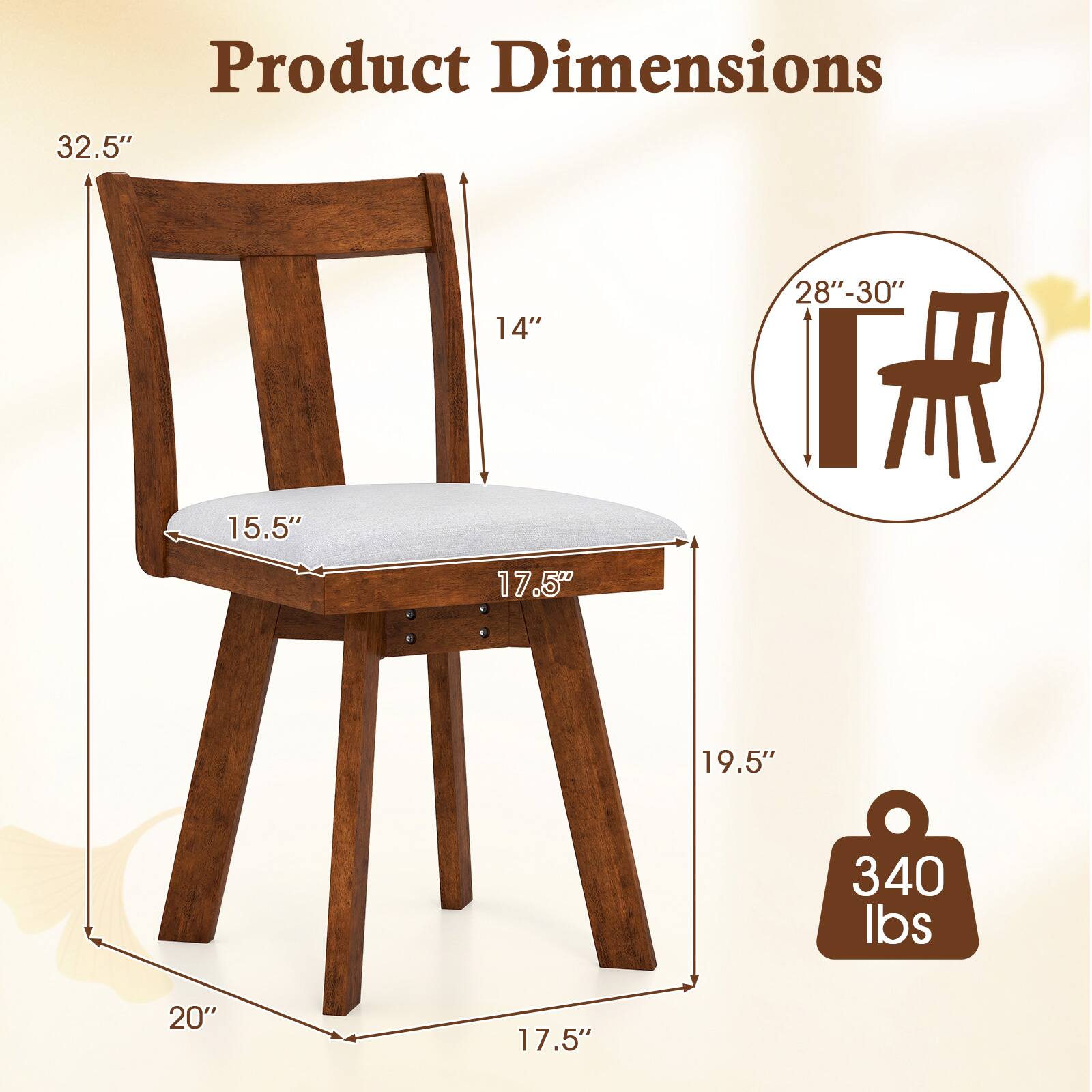 Product Dimensions

- Height: 32.5"
- Seat Height: 15.5"
- Seat Depth: 17.5"
- Width: 20"
- Back Height: 14"
- Depth: 19.5"
- Weight Capacity: 340 lbs
- Stool Height: 28" - 30"