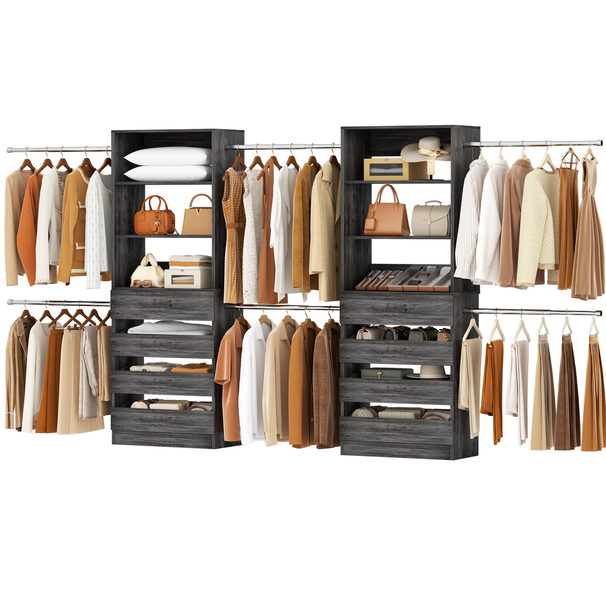Angle. Aheaplus - 2-Piece 4-9Ft Wooden Closet Organizer with 4 Drawers, 8 Hanging Rods & Open Shelves,Ships in 2 Packages - Black.