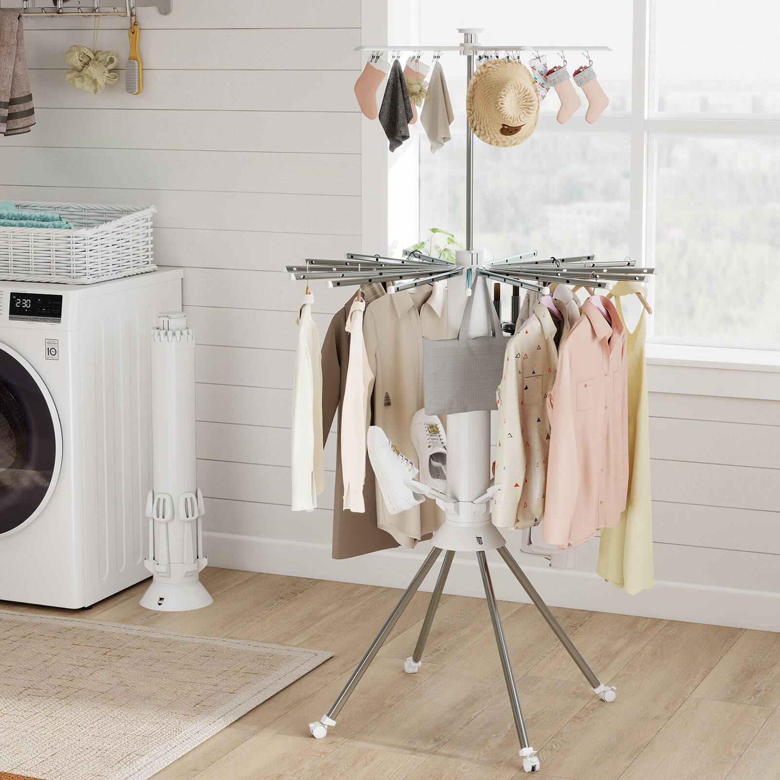 Angle. Sugift - Foldable Clothes Drying Rack with Wheels, Double-Layer Heavy-Duty Laundry Stand for Indoor and Outdoor Use - White.