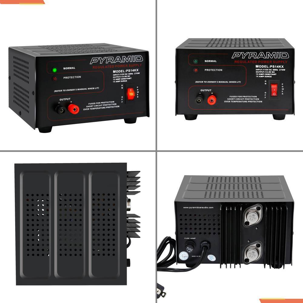 PYRAMID REGULATED POWER SUPPLY  
MODEL: PS14KX  
MULTI-TAP AC 115V 60Hz 270W  
OUTPUT: 14V DC  
1 AMP SURGE  
14 AMP CONTINUOUS  
FUSED FOR PROTECTION  
SHORT CIRCUIT PROTECTION  
OVER TEMPERATURE PROTECTION  
REFER TO OWNER'S MANUAL WHEN LIT  

NORMAL  
PROTECTION  
OUTPUT  

PYRAMID REGULATED POWER SUPPLY  
MODEL: PS14KX  
MULTI-TAP AC 115V 60Hz 270W  
OUTPUT: 14V DC  
1 AMP SURGE  
14 AMP CONTINUOUS  
FUSED FOR PROTECTION  
SHORT CIRCUIT PROTECTION  
OVER TEMPERATURE PROTECTION  
REFER TO OWNER'S MANUAL WHEN LIT  

NORMAL  
PROTECTION  
OUTPUT  

www.pyramidcaraudio.com