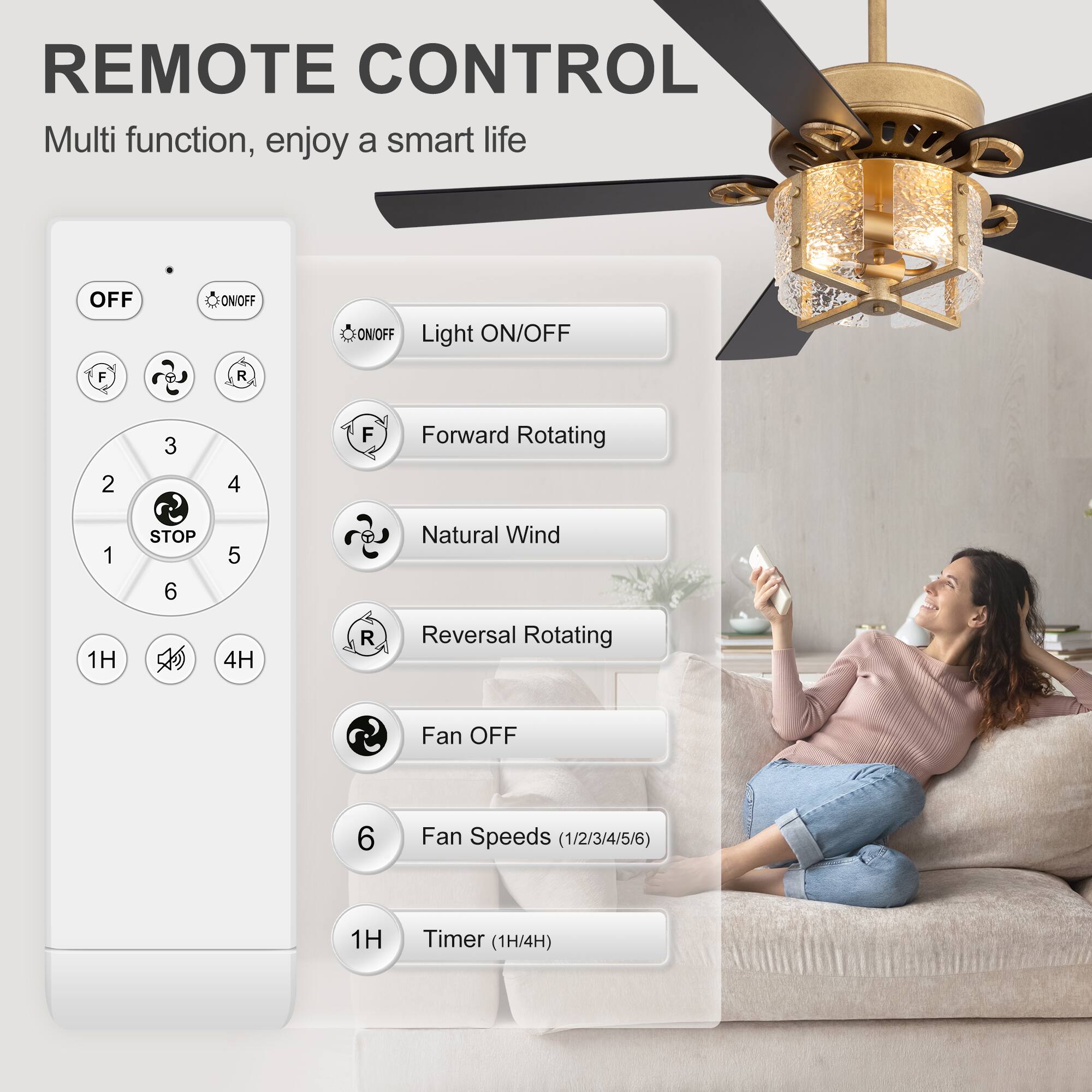REMOTE CONTROL  
Multi function, enjoy a smart life  

- OFF  
- ON/OFF  
- Light ON/OFF  
- Forward Rotating  
- Natural Wind  
- Reversal Rotating  
- Fan OFF  
- Fan Speeds (1/2/3/4/5/6)  
- Timer (1H/4H)  

1H  
4H