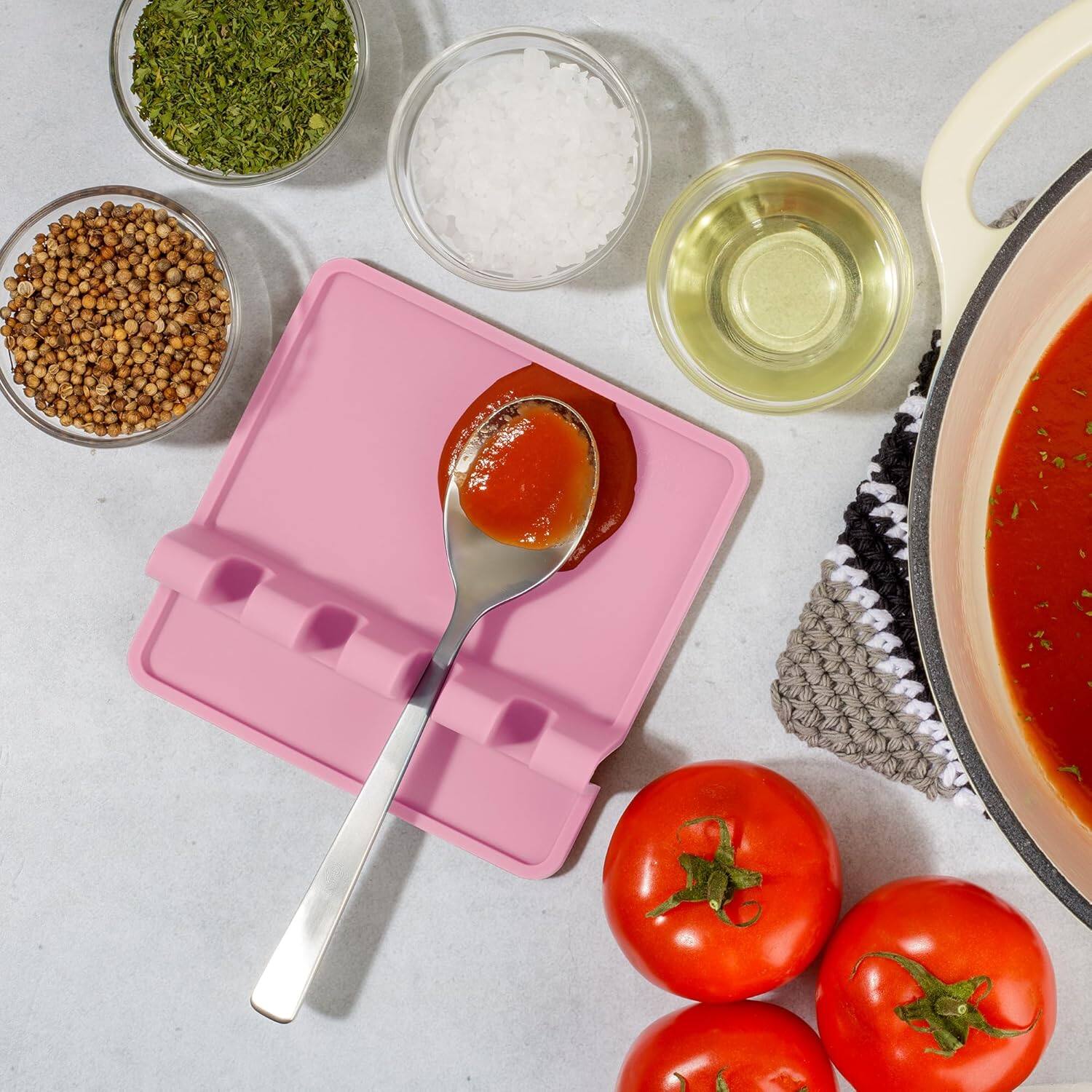 Angle. Zulay Kitchen - Zulay Kitchen Silicone Utensil Rest with Drip Pad for Multiple Utensils - Heat-Resistant & Spoon Holder for Stove Top - Pink.