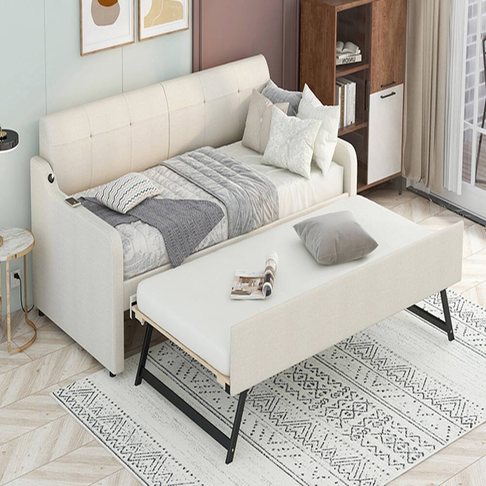 Alt View 1. Loheer - Loheer Twin Daybed with Trundle Upholstered Beige Sofa Bed USB - Beige.