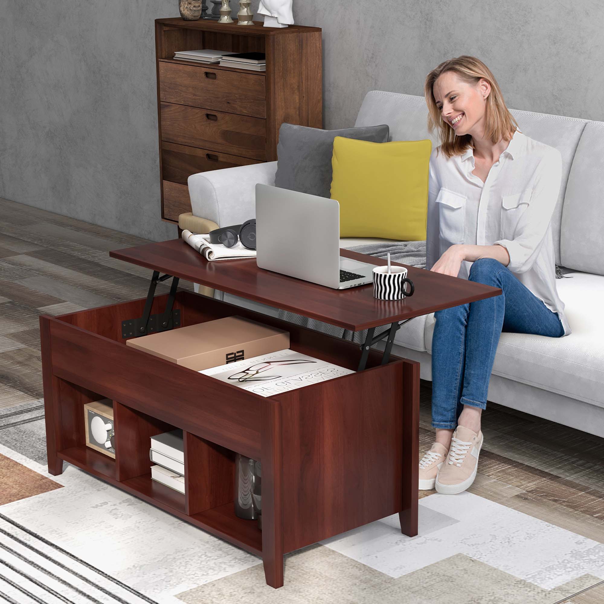 Alt View 12. Costway - Lift Top Coffee Table w/ Hidden Compartment and Storage Shelves Modern Furniture Brown - Brown.