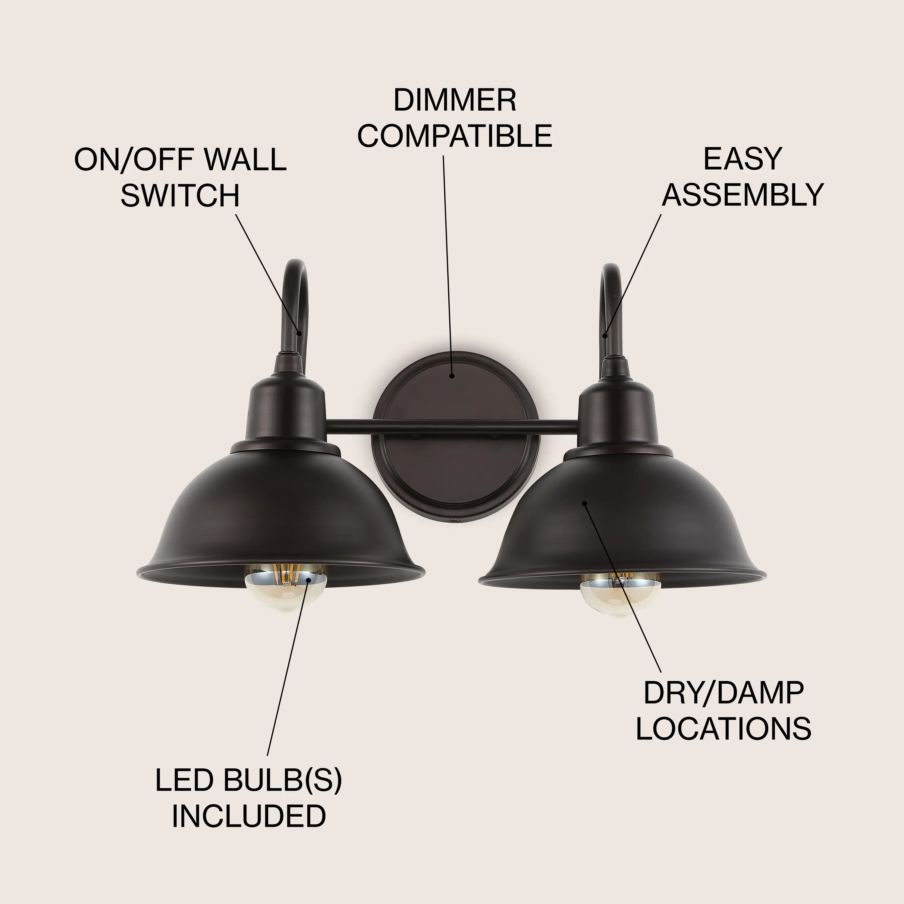 DIMMER COMPATIBLE  
ON/OFF WALL SWITCH  
EASY ASSEMBLY  
LED BULB(S) INCLUDED  
DRY/DAMP LOCATIONS