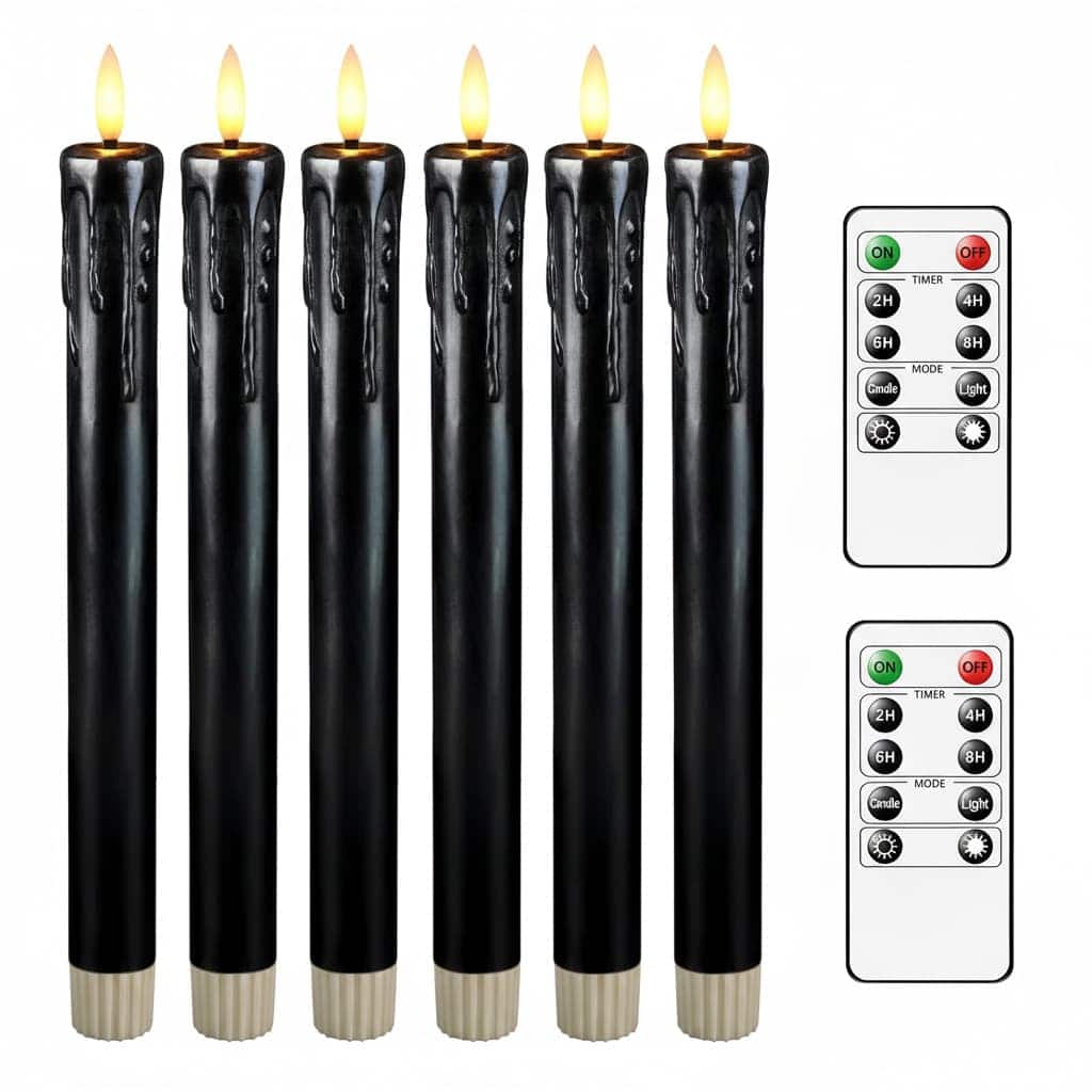 FINEAK - 6 Pack Black Flameless Taper Candles: 9.5 inch Battery Operated, Flickering Real Wax - ‎Black