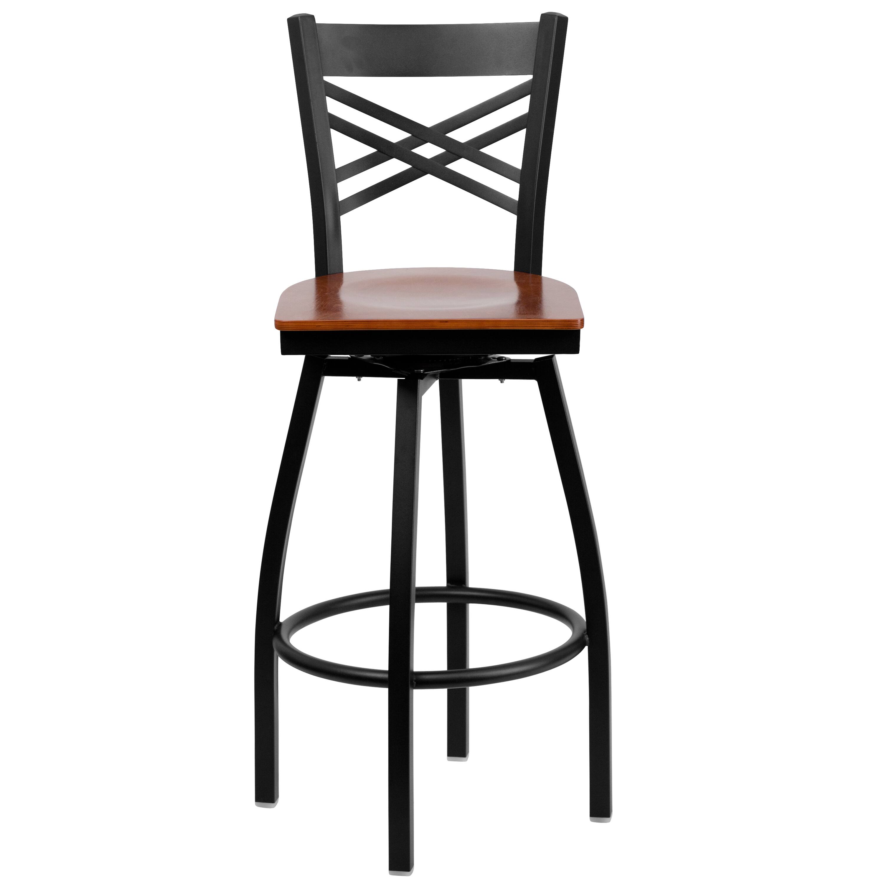 Alt View 5. Emma + Oliver - "X" Back Swivel Metal Restaurant Dining Barstool - Cherry Wood Seat/Black Metal Frame.