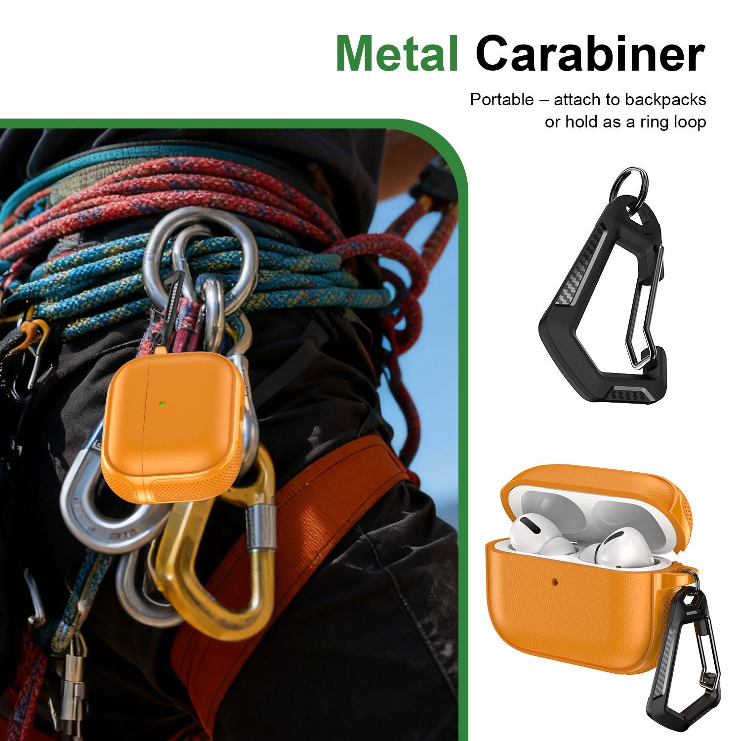 Metal Carabiner  
Portable – attach to backpacks or hold as a ring loop