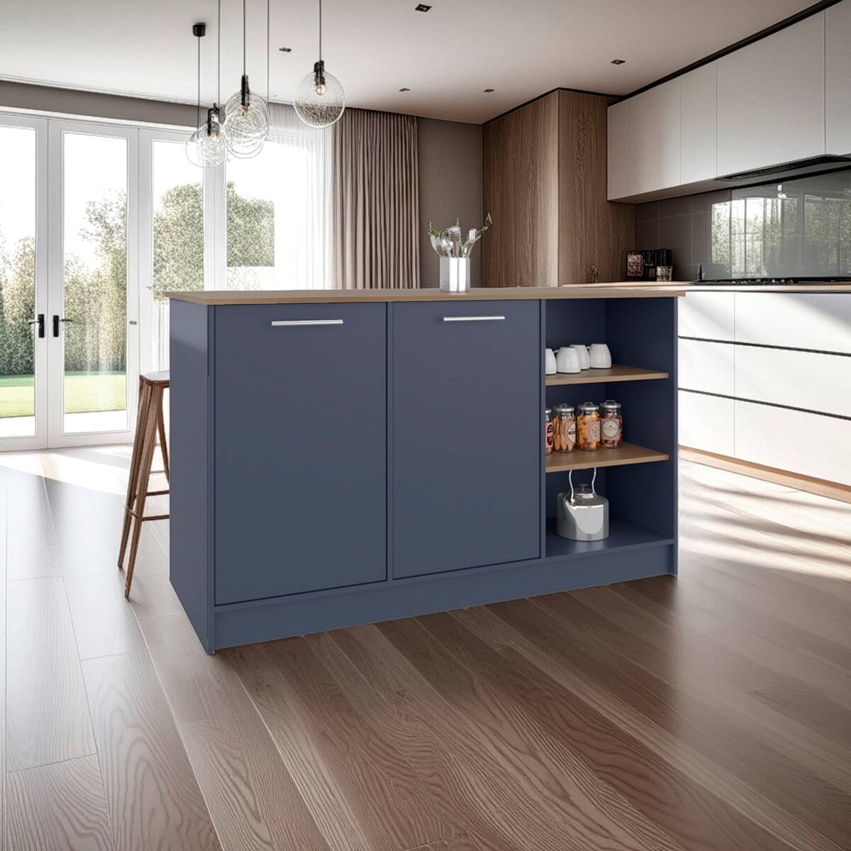 Loheer - Floorstanding Kitchen Island with Cabinets Countertop Organizer - Multicolor