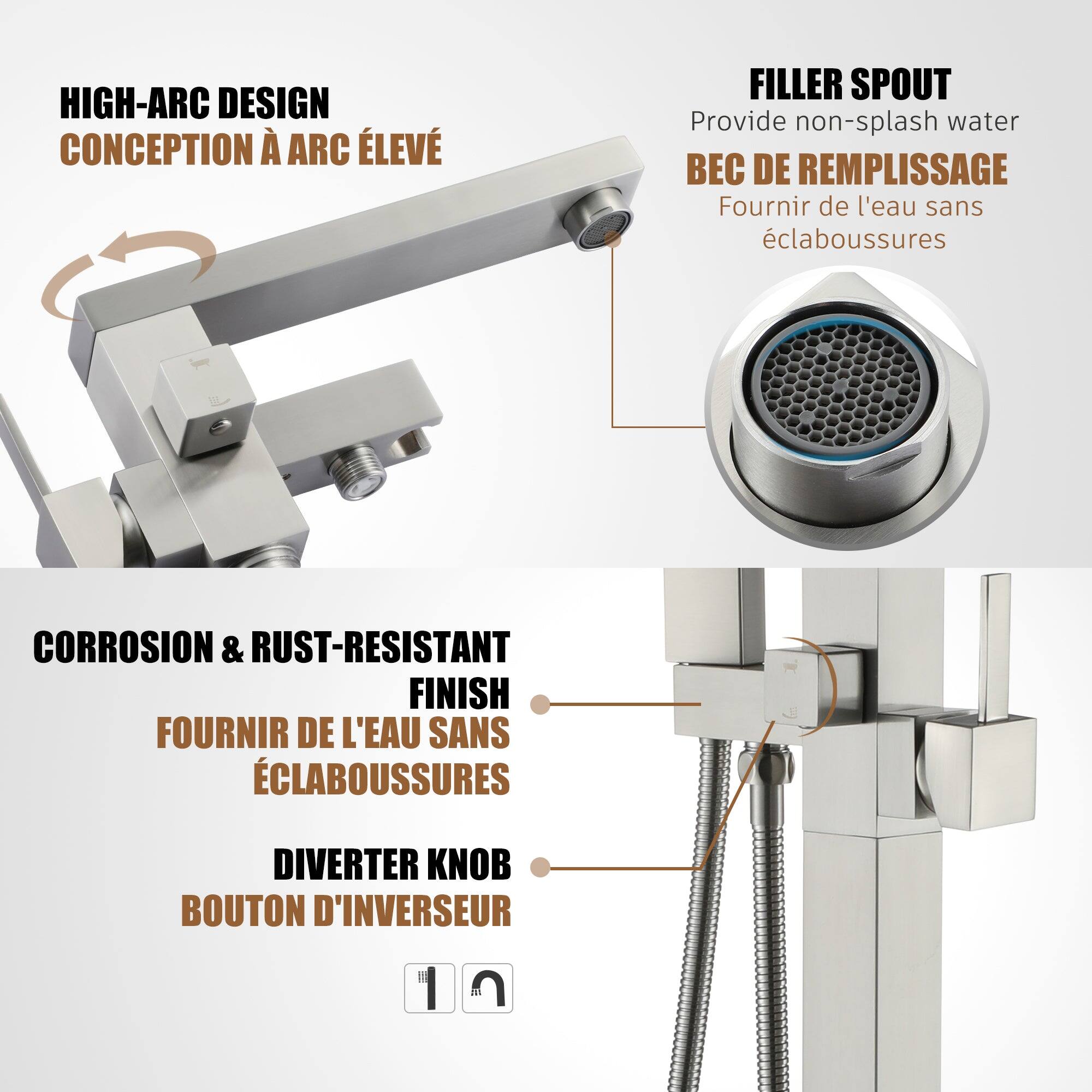 HIGH-ARC DESIGN CONCEPTION À ARC ÉLÉVÉ FILLER SPOUT Provide non-splash water BEC DE REMPLISSAGE Fournir de l'eau sans éclaboussures CORROSION & RUST-RESISTANT FINISH FOURNIR DE L'EAU SANS ÉCLABOUSSURES DIVERTER KNOB BOUTON D'INVERSEUR I 1 n m