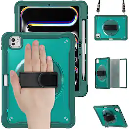 Dteck - Rugged Case for Apple iPad Pro (M4) 11" 2024 Built-in Screen Protector, Shockproof Kickstand Cover with Shoulder Strap - Darkgreen