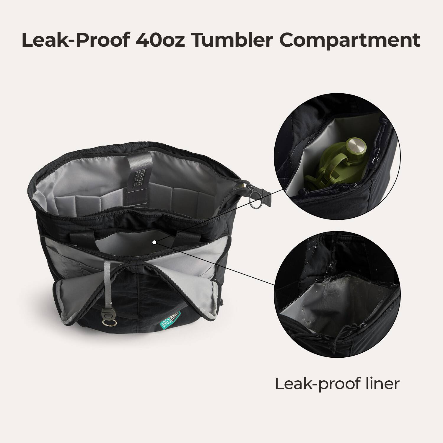 Leak-Proof 40oz Tumbler Compartment

Leak-proof liner