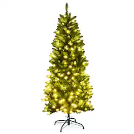 Costway - 5Ft Pre-lit Artificial Pencil Christmas Tree Hinged Fir PVC Tree /150 LED Lights - Green