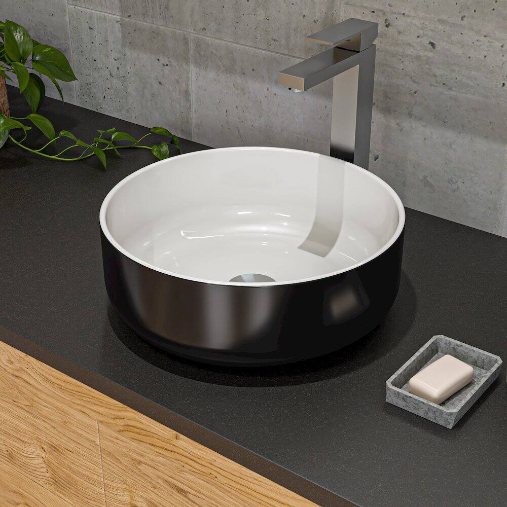 Angle. Alfi - Black & White 15" Round Above Mount Ceramic Sink - Black.