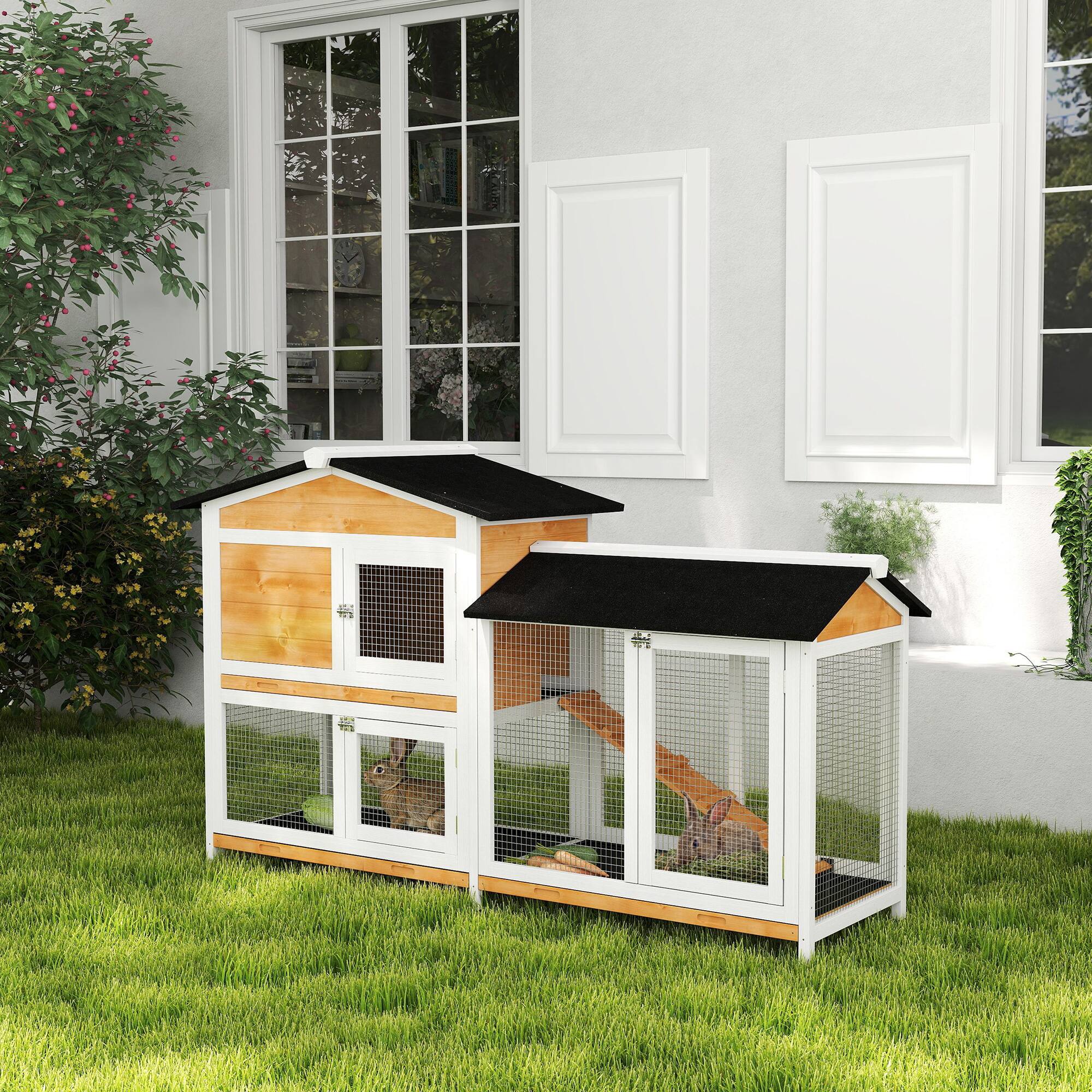 Alt View 1. Pawhut - Rabbit Hutch, Wooden Bunny Hutch, Guinea Pig Cage, Small Animal Enclosure with Run Area.