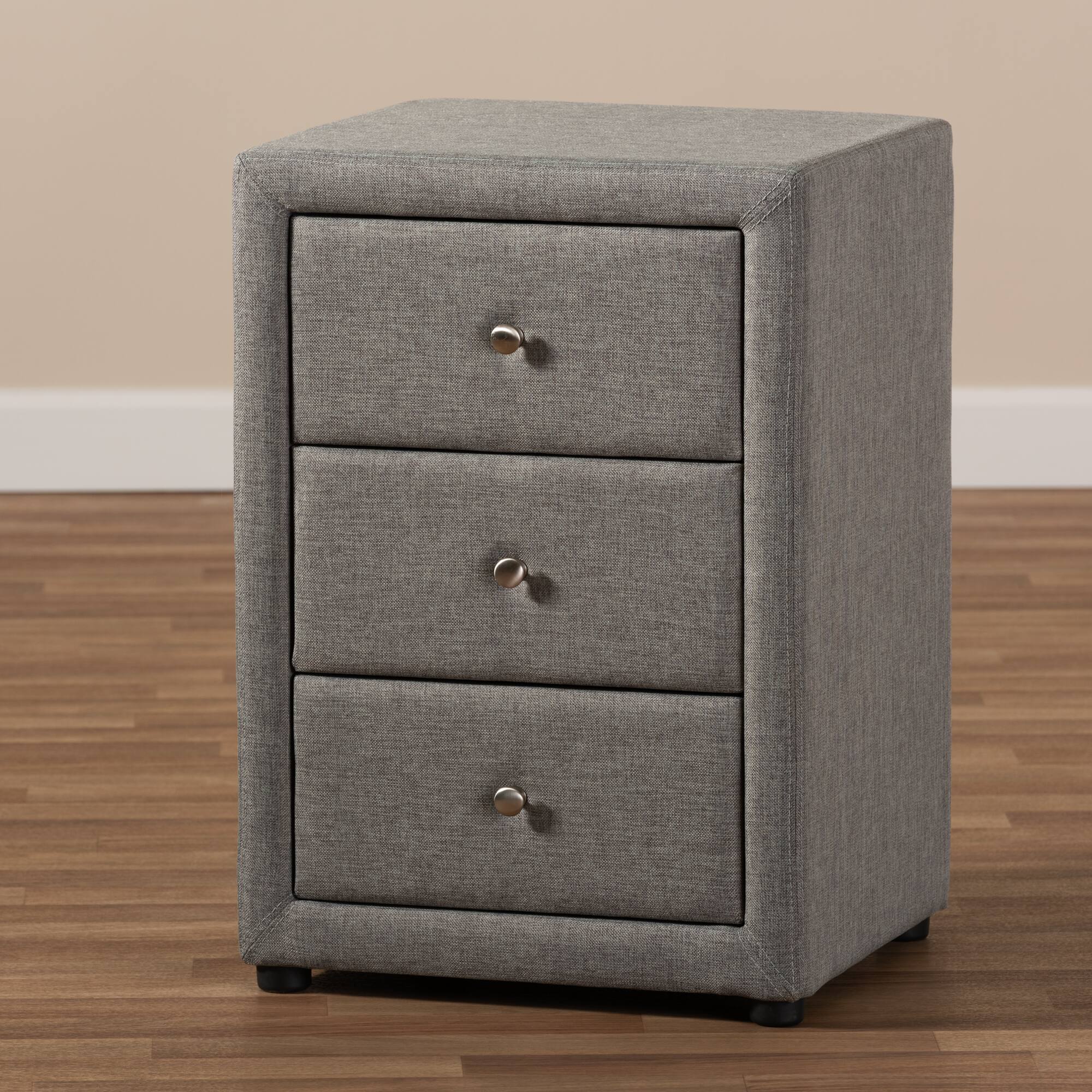 Alt View 4. Baxton Studio - Tessa Modern and Contemporary Fabric Upholstered 3-Drawer Nightstand - Grey.