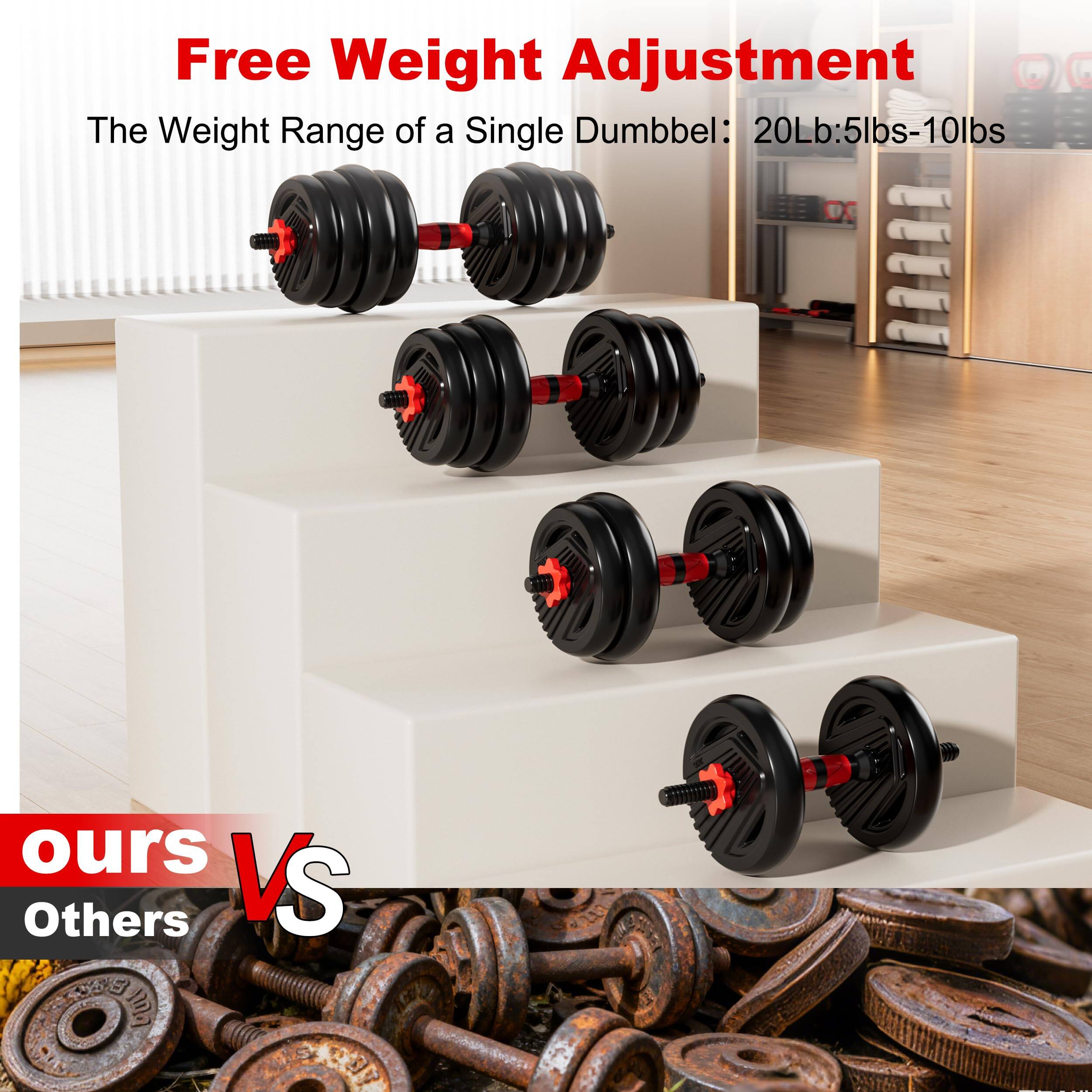 Free Weight Adjustment  
The Weight Range of a Single Dumbbell: 20Lb: 5lbs-10lbs  

ours VS Others