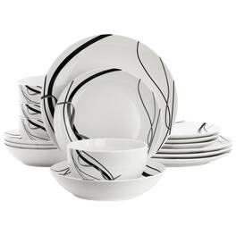 Elama - Sarah 16 Piece Porcelain Double Bowl Black Ribbon Dinnerware Set, Service for 4 and Black - White