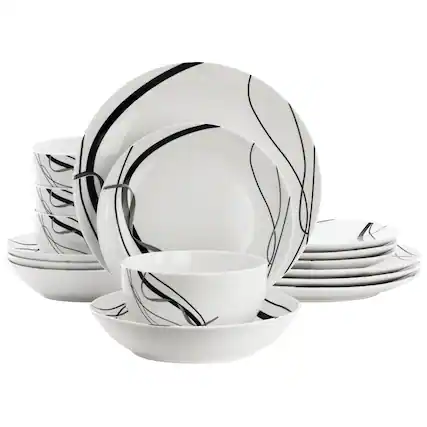 Front. Elama - Elama Sarah 16 Piece Porcelain Double Bowl Black Ribbon Dinnerware Set, Service for 4 in White and Black - White.