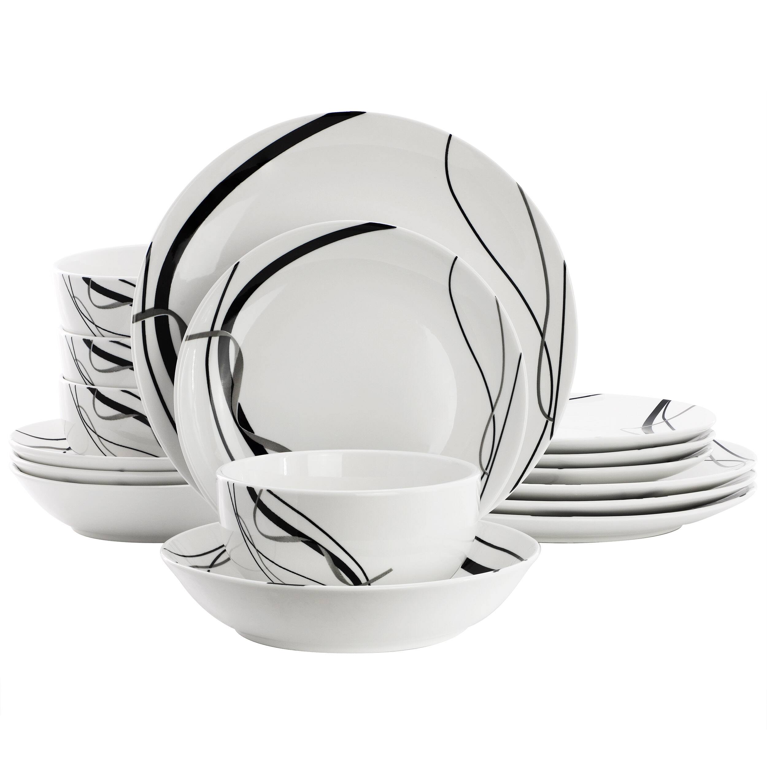 Front. Elama - Elama Sarah 16 Piece Porcelain Double Bowl Black Ribbon Dinnerware Set, Service for 4 in White and Black - White.