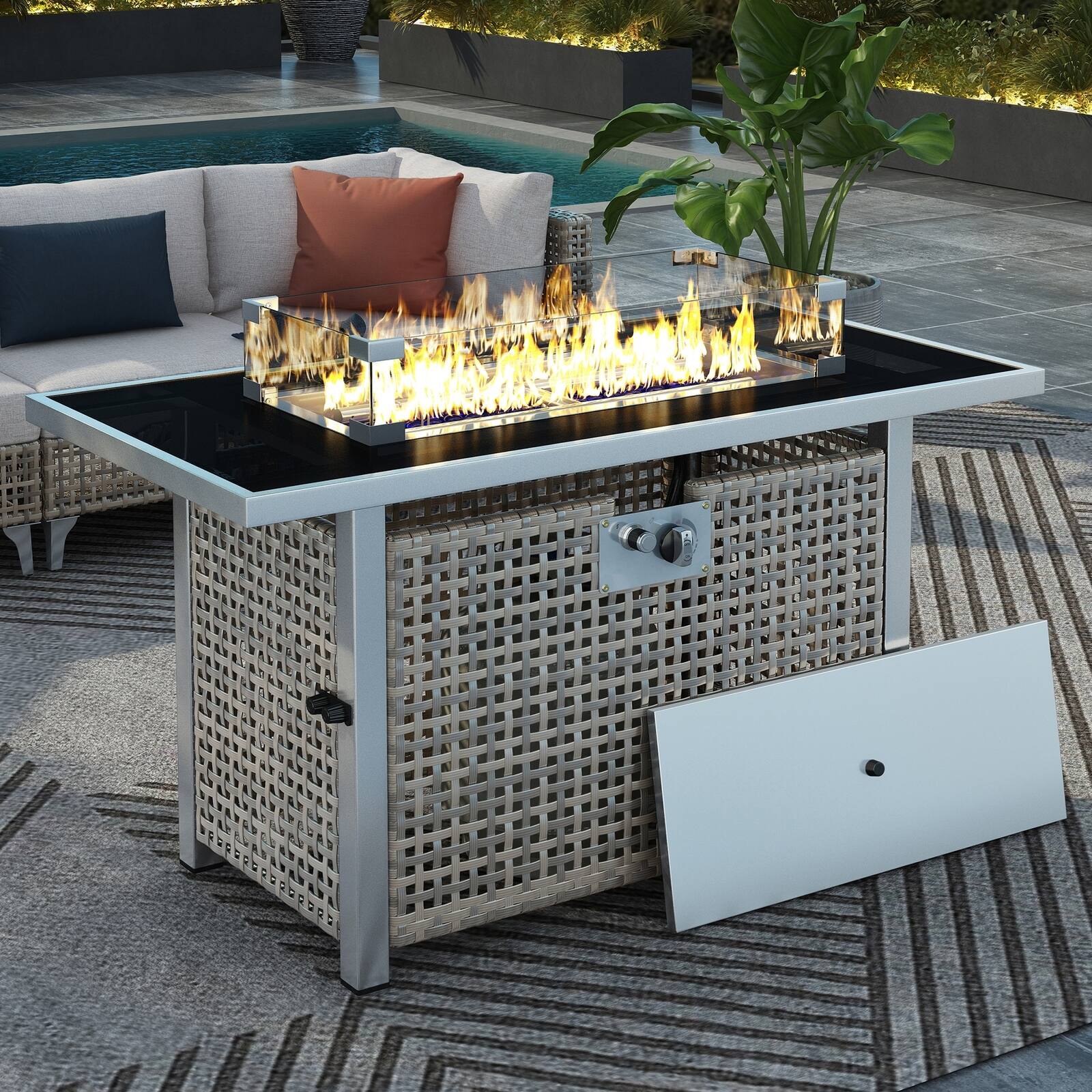 Angle. Spaco - 43" Propane Fire Pit Table, 60,000 BTU Rectangular Wicker Fire Pit with Glass Wind Guard - Grey.