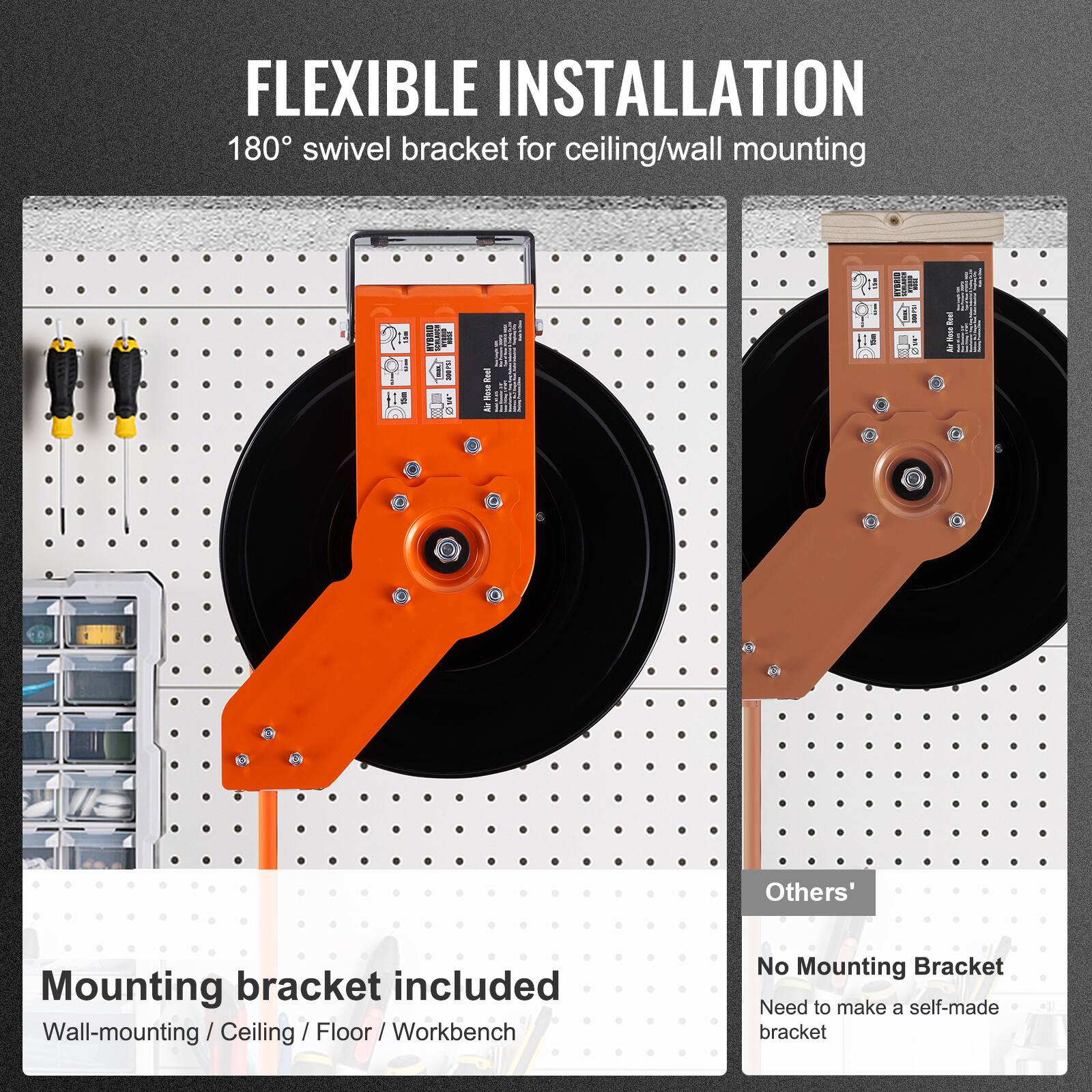 FLEXIBLE INSTALLATION  
180° swivel bracket for ceiling/wall mounting  

Mounting bracket included  
Wall-mounting / Ceiling / Floor / Workbench  

Others'  
No Mounting Bracket  
Need to make a self-made bracket