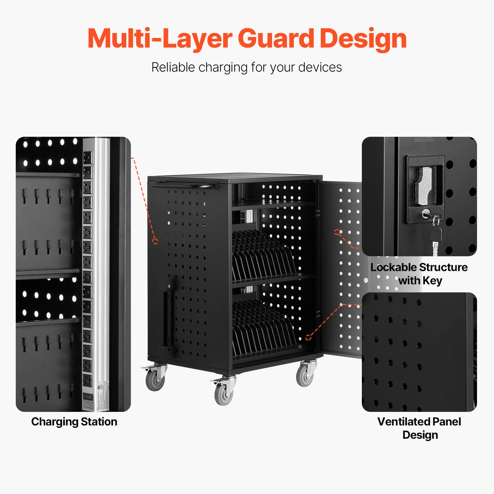 Multi-Layer Guard Design  
Reliable charging for your devices  

- Charging Station  
- Lockable Structure with Key  
- Ventilated Panel Design