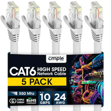 make connections cmple .com HIGH SPEED CAT6 Network Cable 5 PACK UP TO 550 Mhz CMPLE RoHS 10 24 S GREEN COMPLIANT GBPS AWG