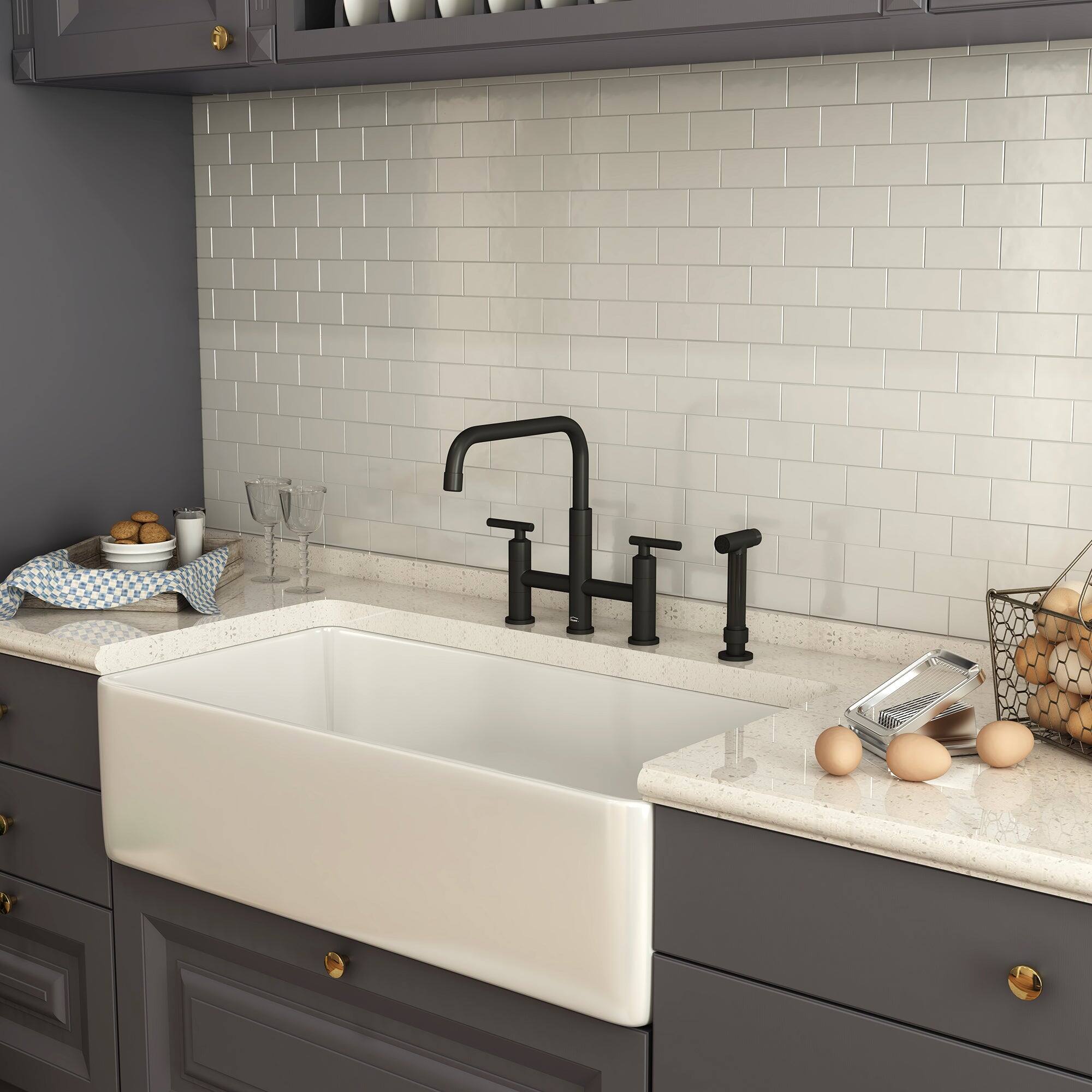 Alt View 3. Boyel Living - Double Handle 360 Degrees Rotation Bridge Kitchen Faucet with Pull-Out Side Sprayer and Ceramic Cartridge - Matte Black.