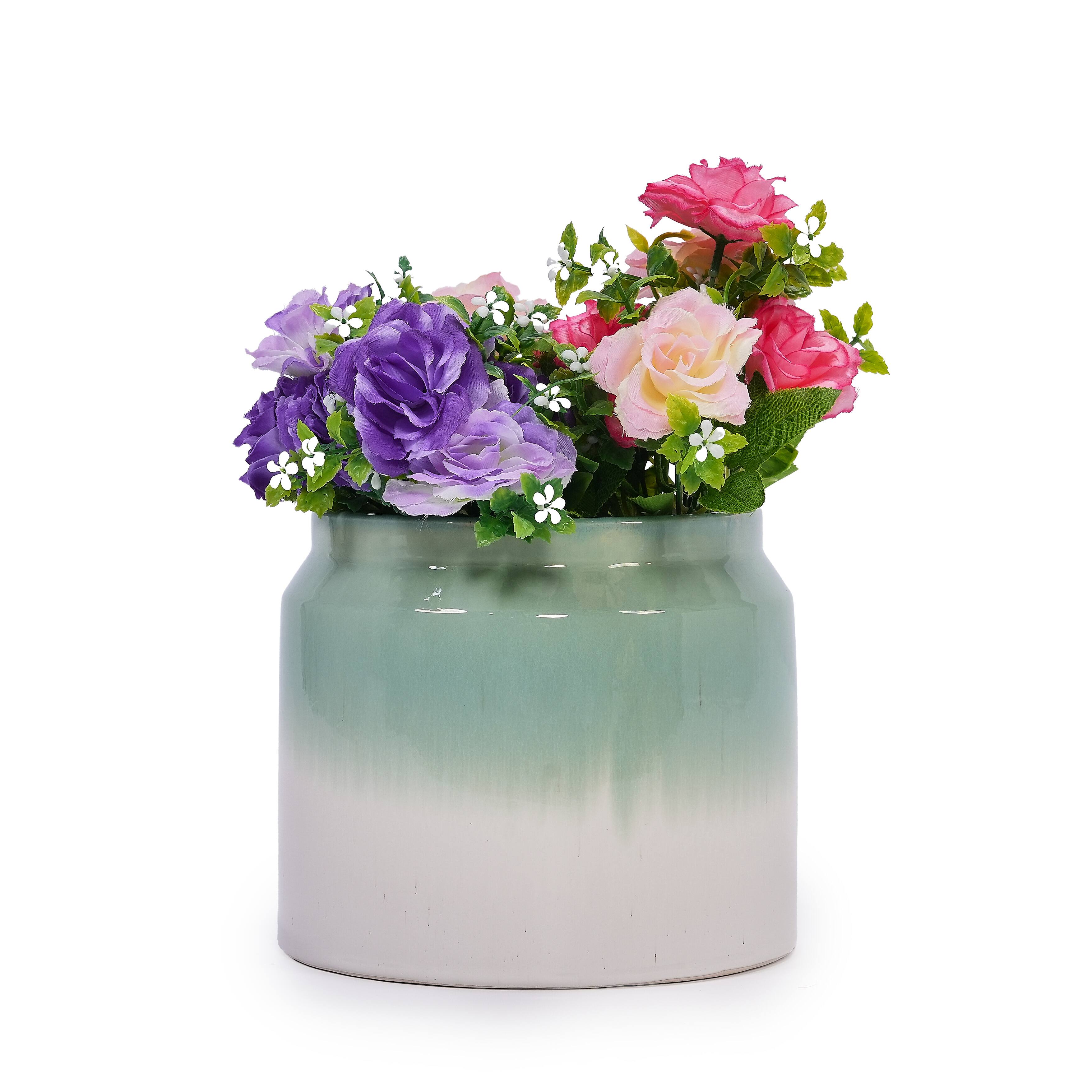 Alt View 5. Loheer - Loheer Ceramic Planter Set Handmade Set of Two Green White Ombre Shelf Tabletop Indoor Outdoor Pots.