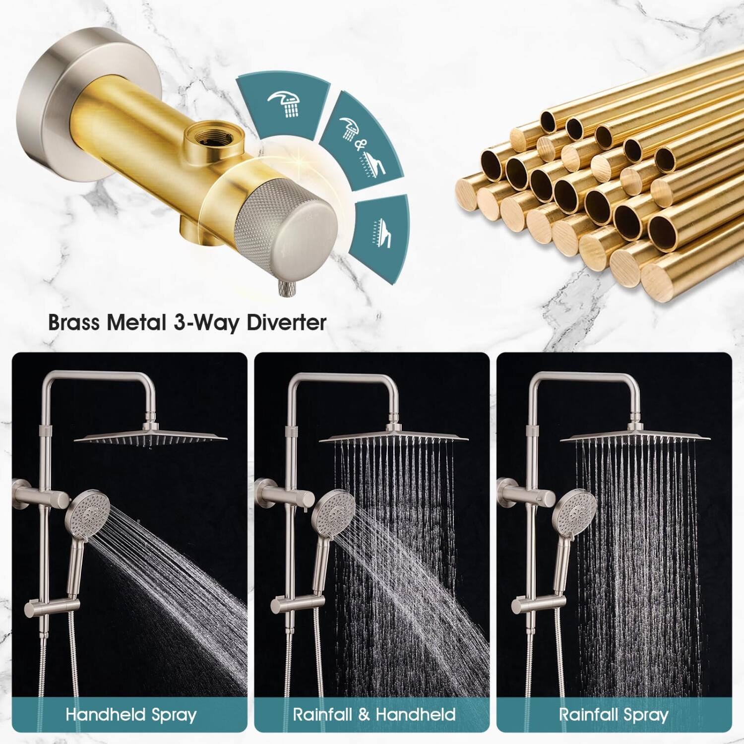 Brass Metal 3-Way Diverter

Handheld Spray

Rainfall & Handheld

Rainfall Spray