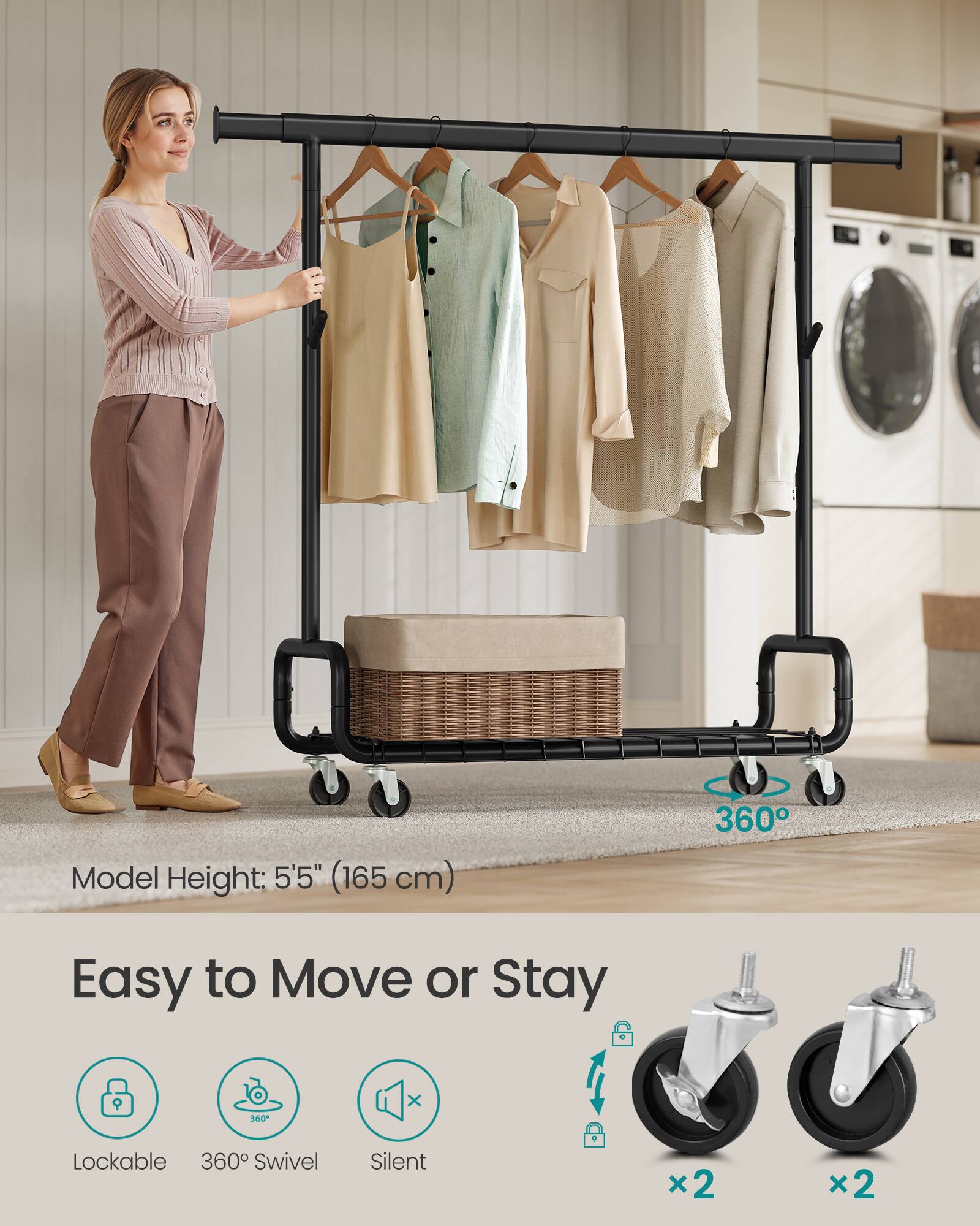 Model Height: 5'5" (165 cm)  
Easy to Move or Stay  
360° Lockable  
360° Swivel  
Silent  
x2  
x2