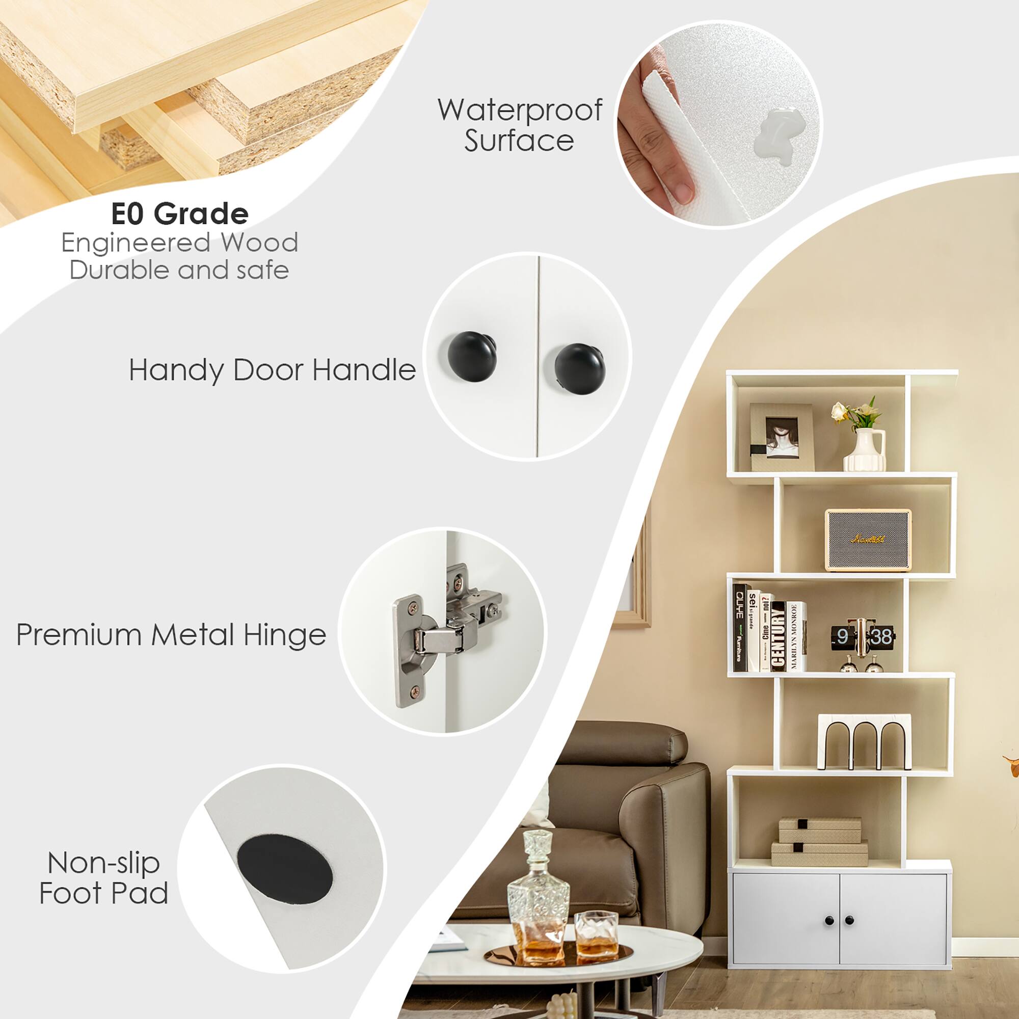 The text on the image is grouped and corrected as follows:

1. Waterproof Surface EO Grade
2. Engineered Wood Durable and safe
3. Handy Door Handle
4. Premium Metal Hinge
5. Non-slip Foot Pad