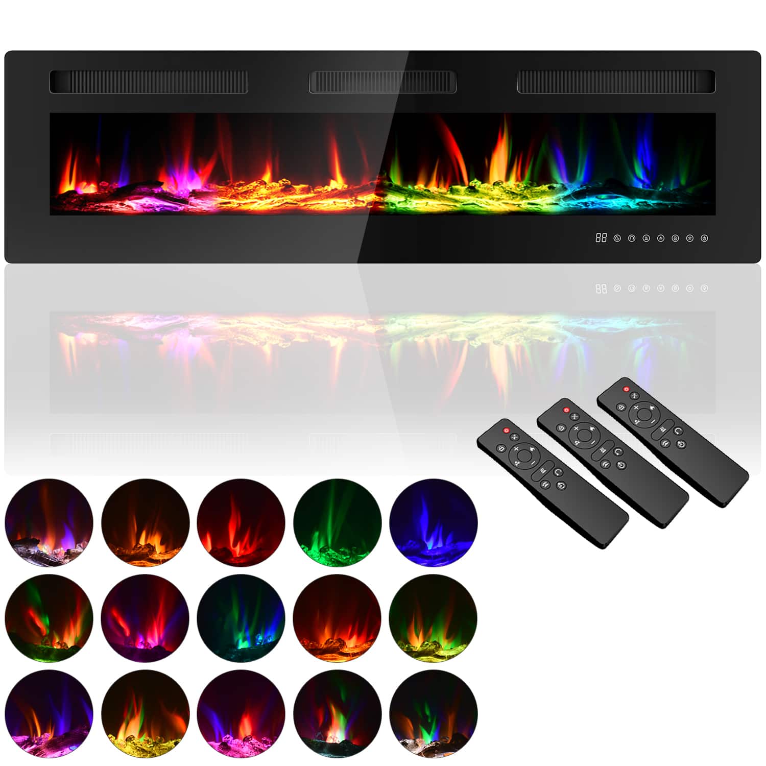 Fehokinch - 60" Electric Fireplace Insert - Recessed or Wall Mounted - 15 Multi-Color Flame Options, 1500W/750W Heater, 12H Timer